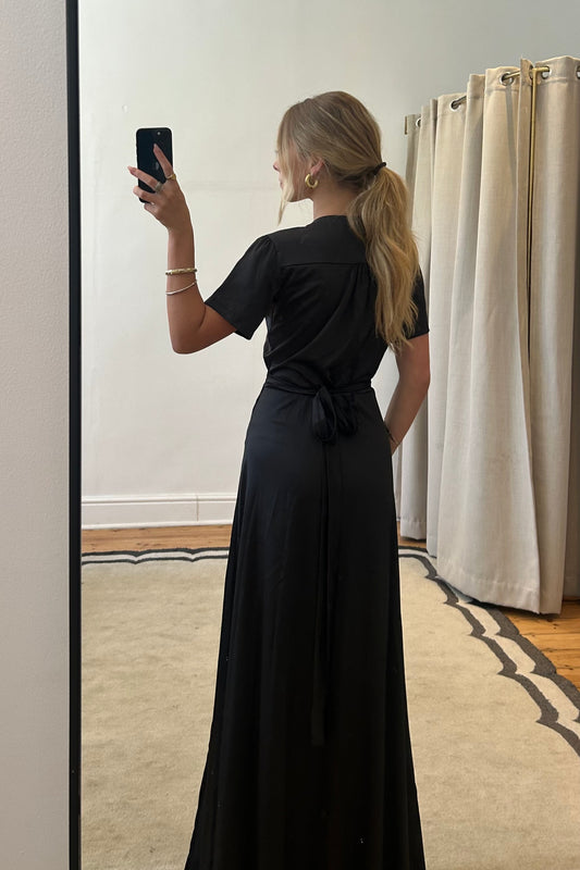 The Black Satin Wrap Dress