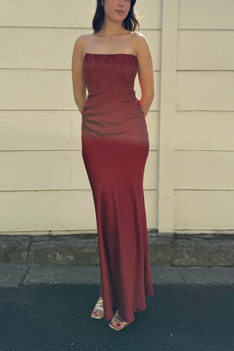The Ivy Lace Corset Maxi Dress in Rust