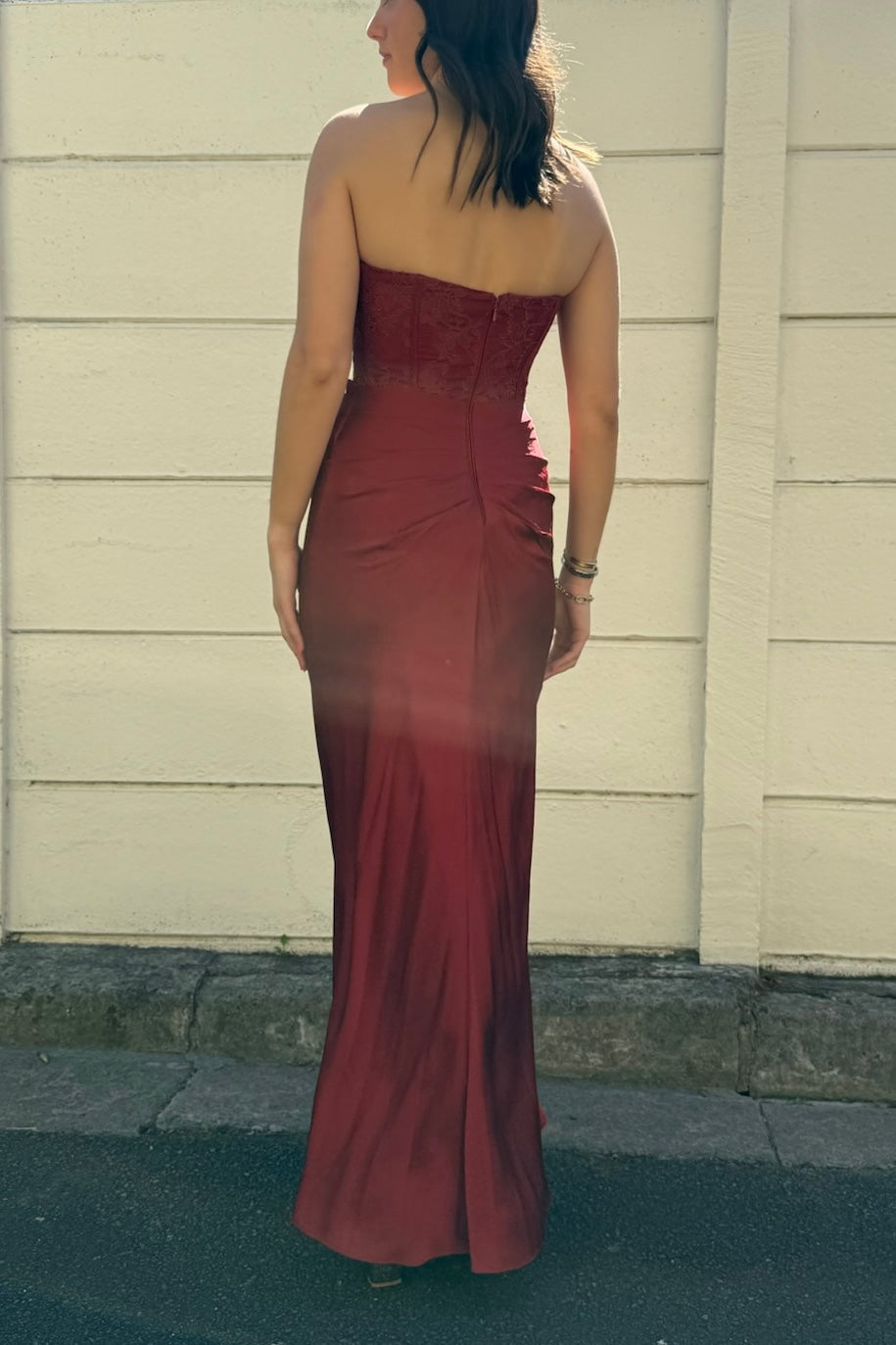 The Ivy Lace Corset Maxi Dress in Rust
