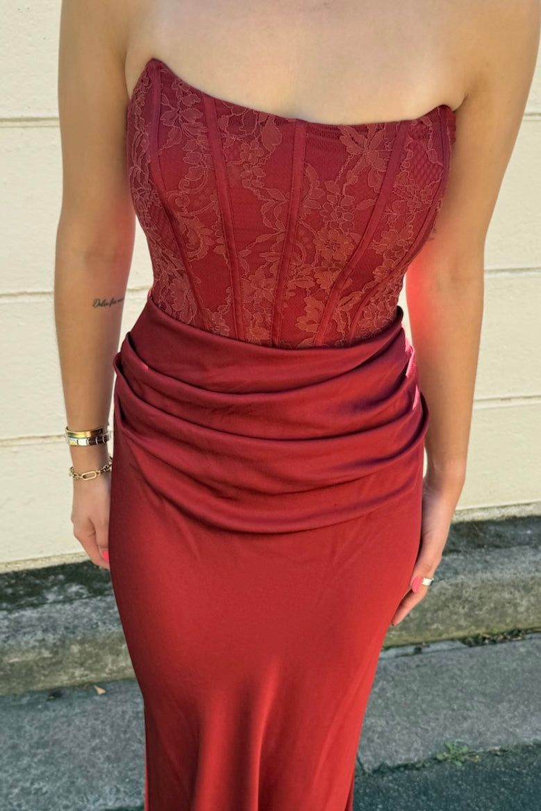 The Ivy Lace Corset Maxi Dress in Rust