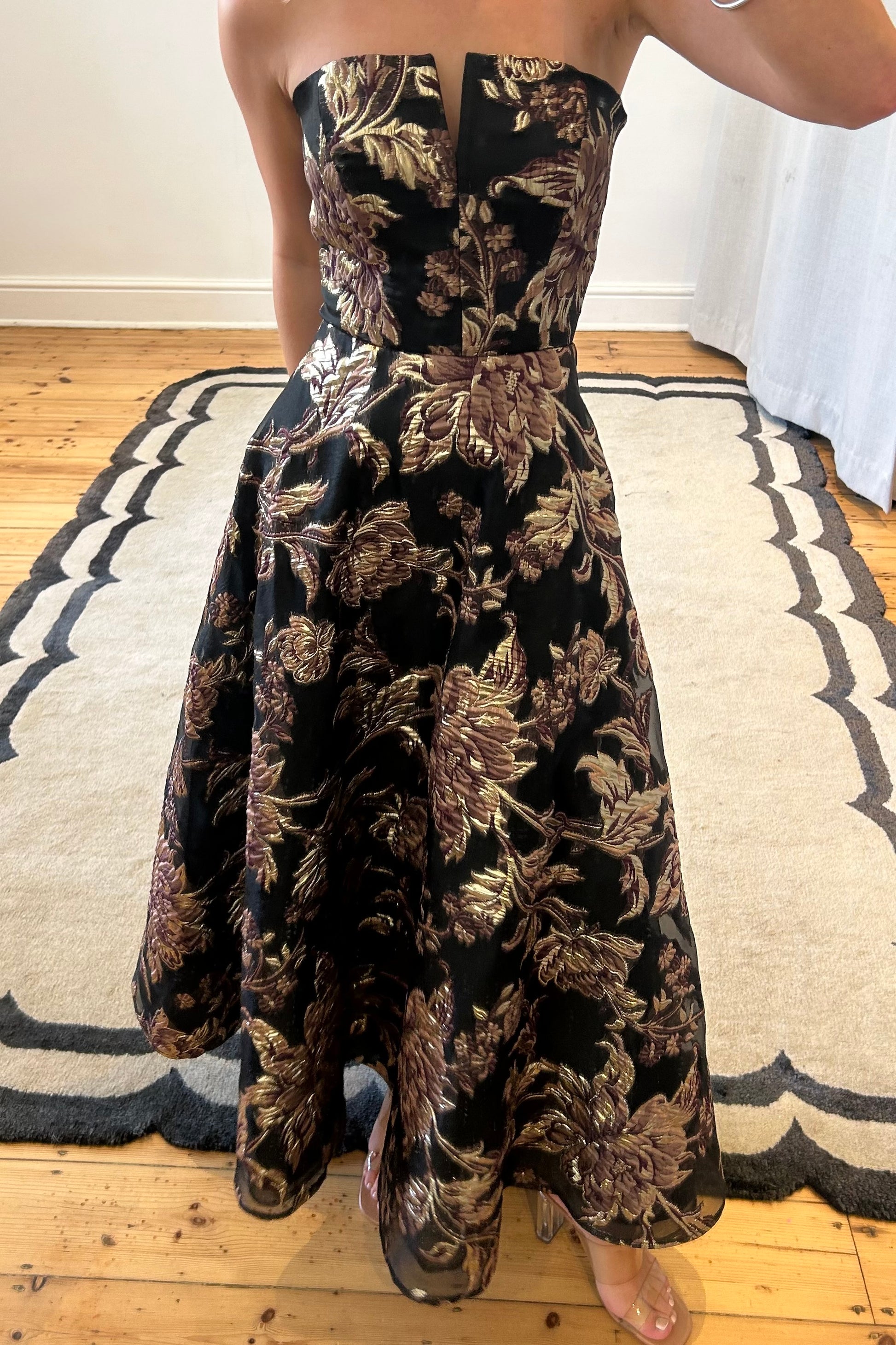 The Brocade Midi Gown | Manjeefiek Couture | Black & Gold The Brocade Midi Gown | Manjeefiek Couture | Black & Gold