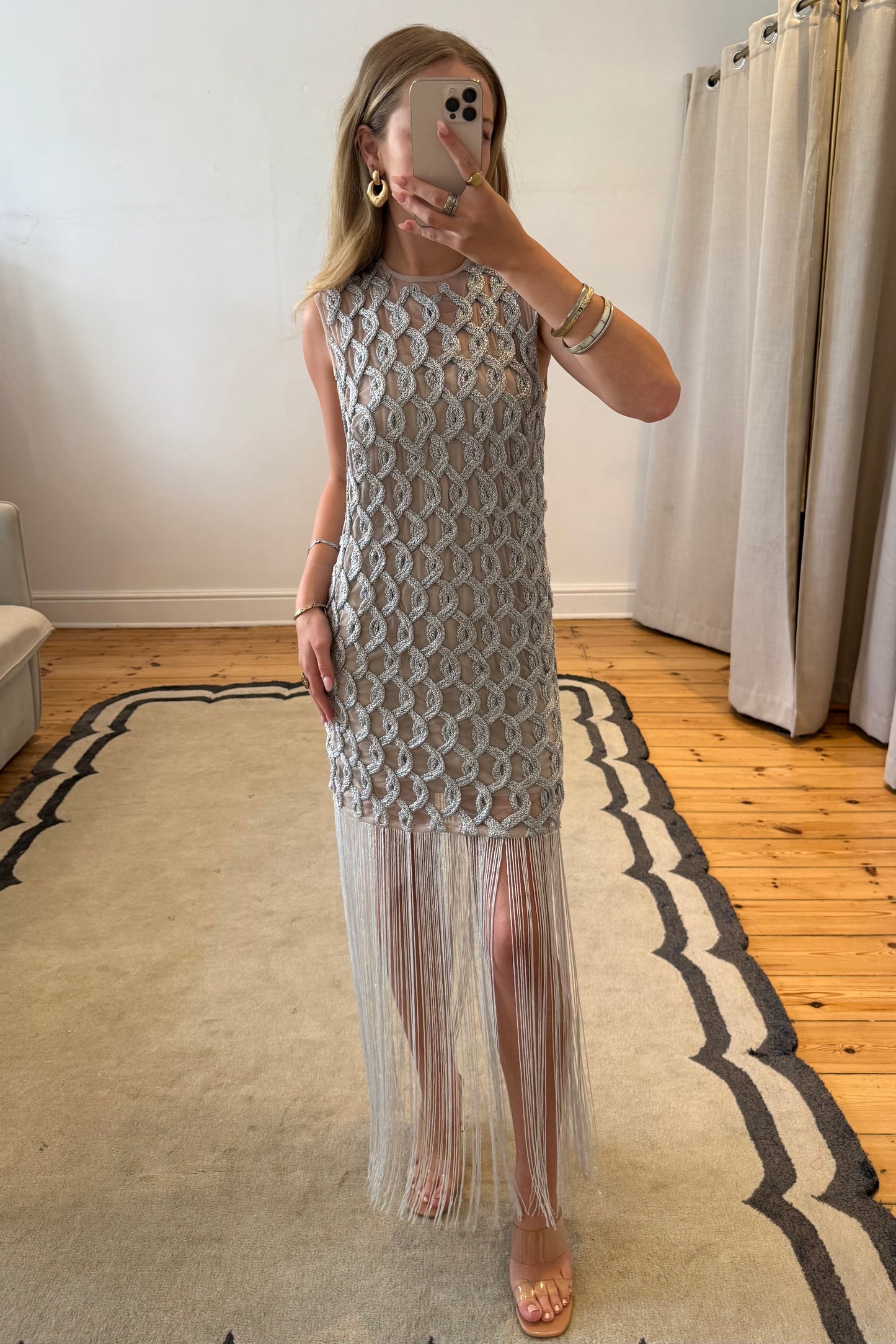 Lattice Grid Mini with fringe hem in Metallic - Resale