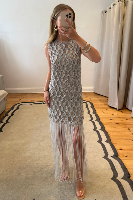 Lattice Grid Mini with fringe hem in Metallic