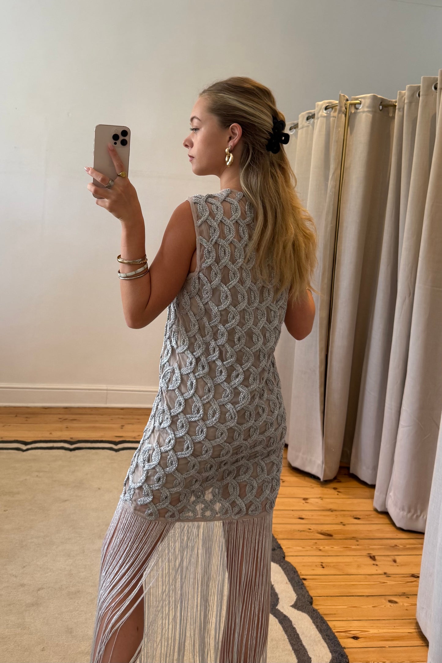 Lattice Grid Mini with fringe hem in Metallic - Resale