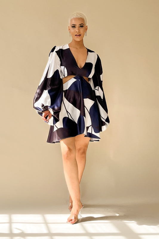 the joanna dress in abstract print with navy