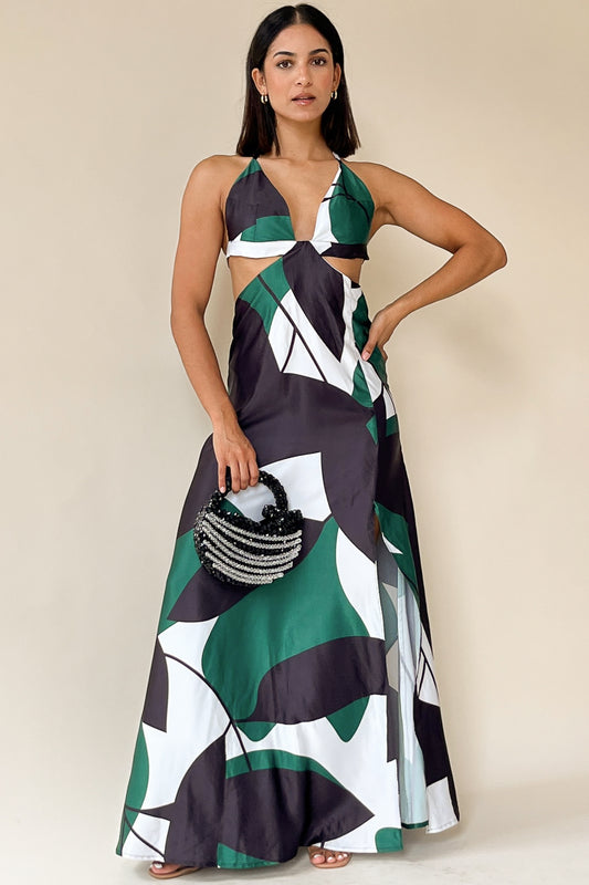 the venus dress in green abstract print