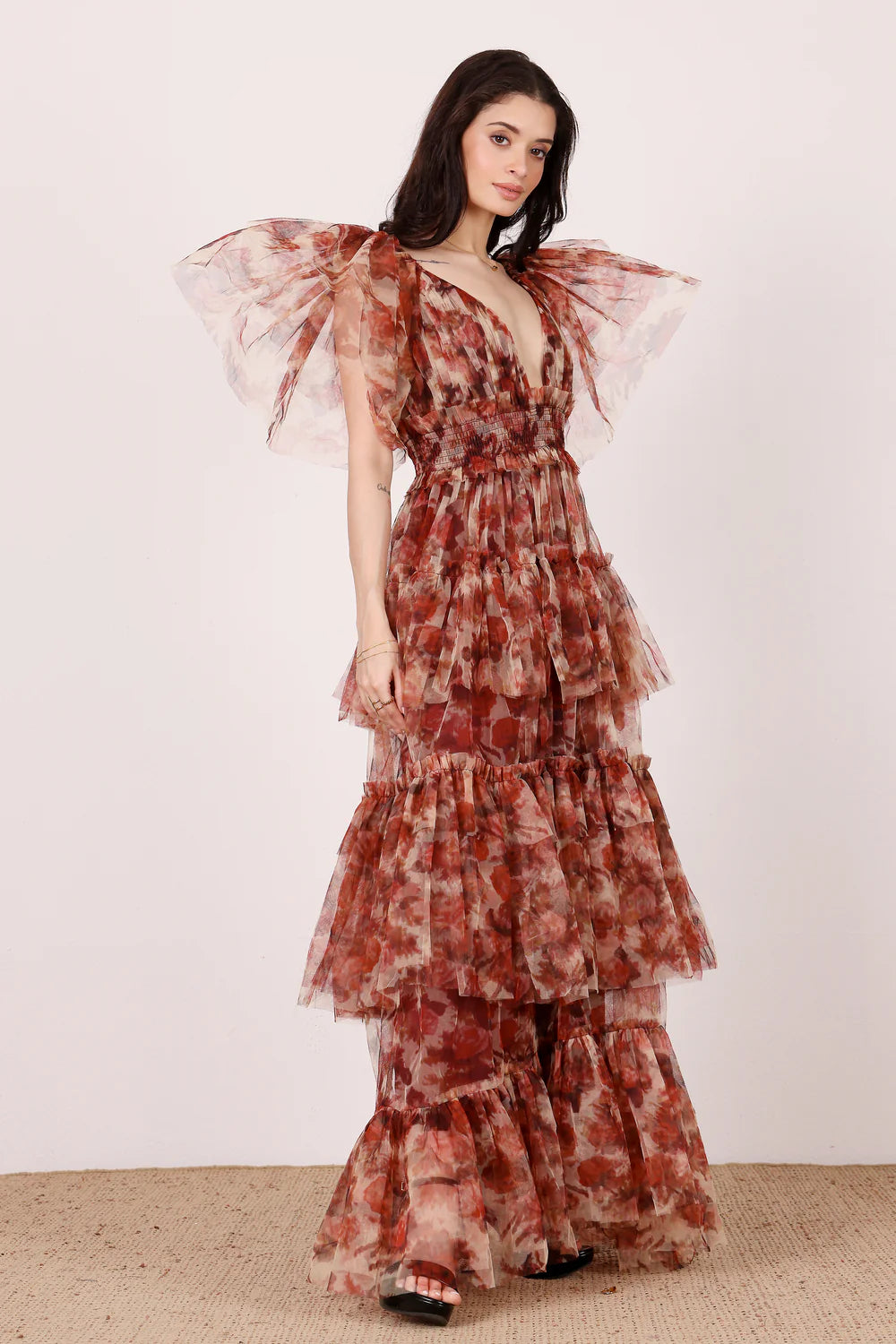 Jasmine Stiff Tulle Maxi Dress in Rose Floral