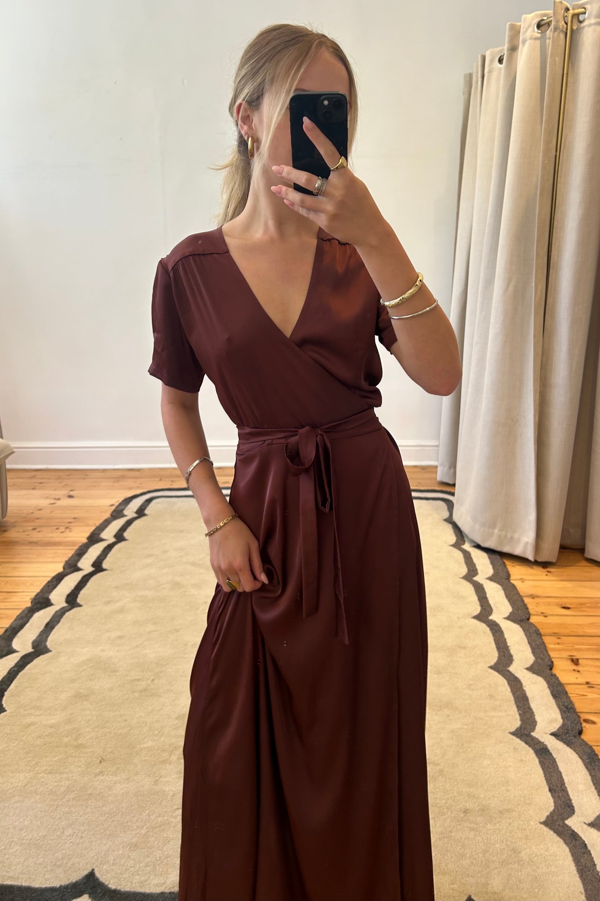 Jessica Anne Chocolate Satin Wrap Dress for Hire