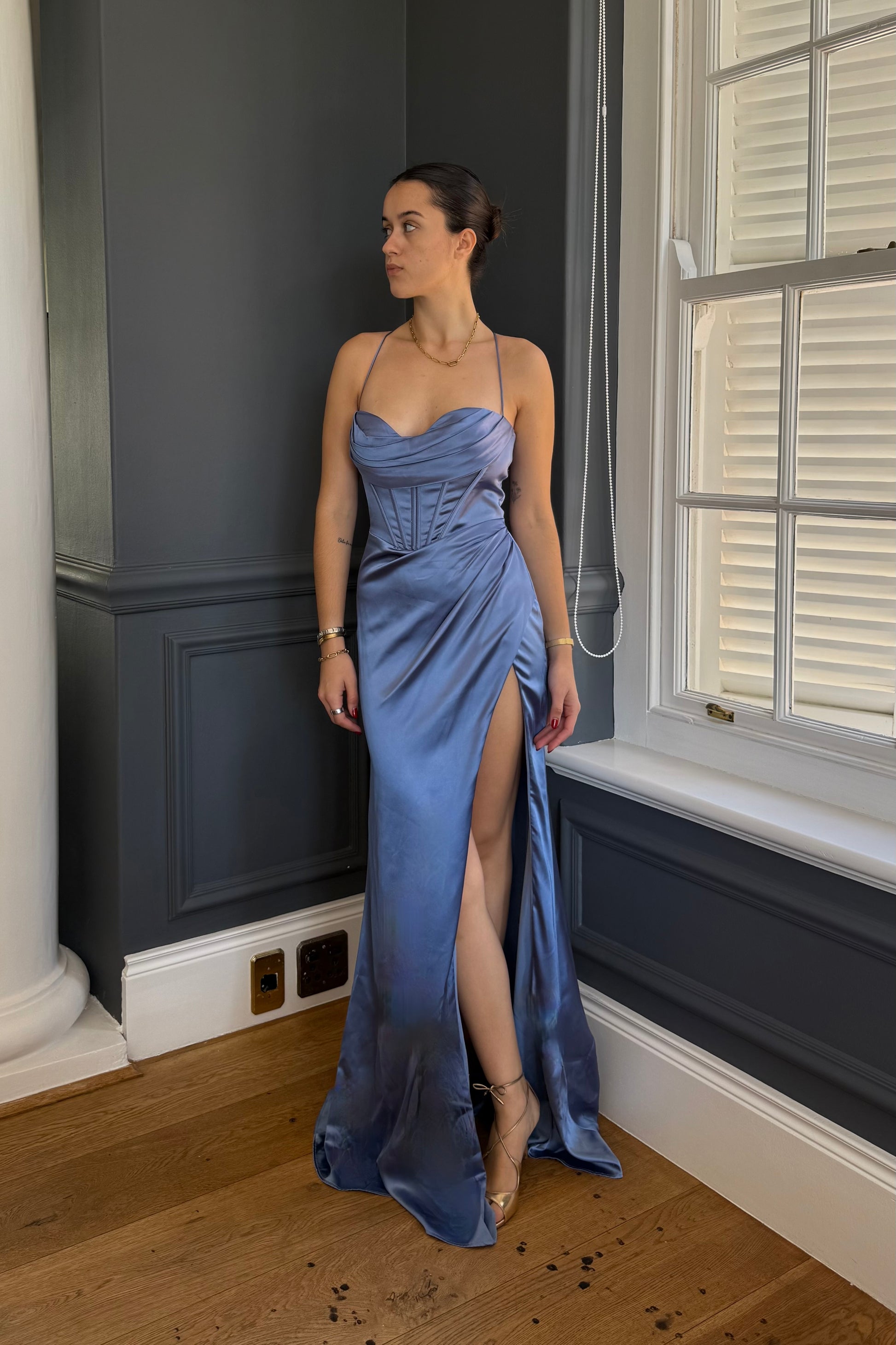 LaDivine Tuscan Blue Satin Corset Gown — Preloved Size S