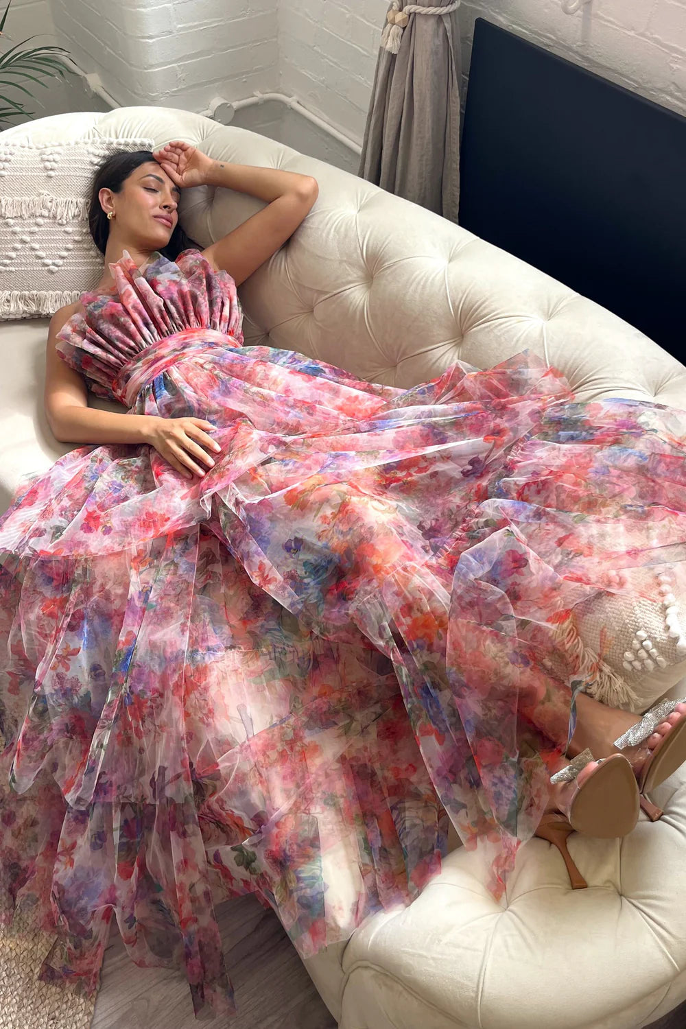 lace and beads tulle maxi dress Lace & Beads bow off-shoulder tulle maxi dress in blush floral