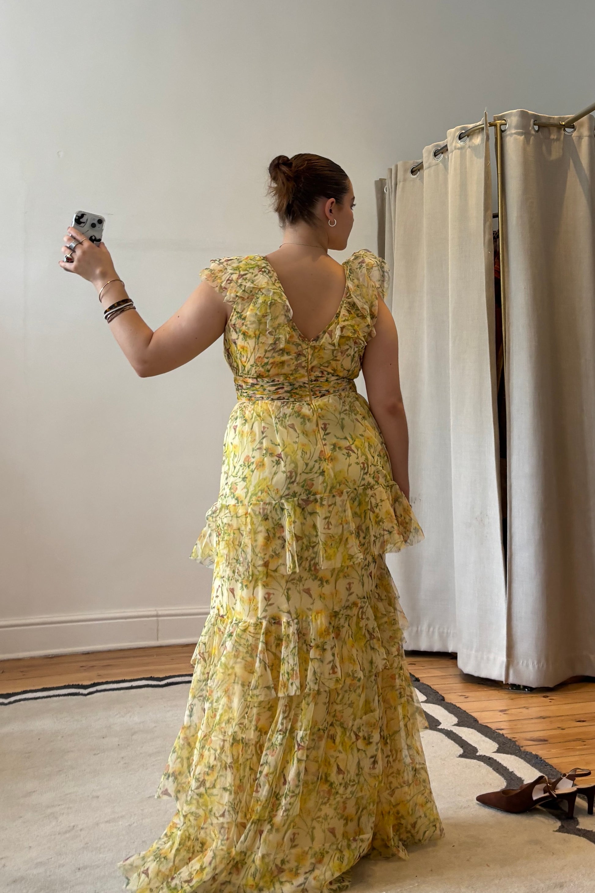 Lace & Beads Olympia Yellow Floral Ruffle Sleeve Maxi Hire — Size 14
