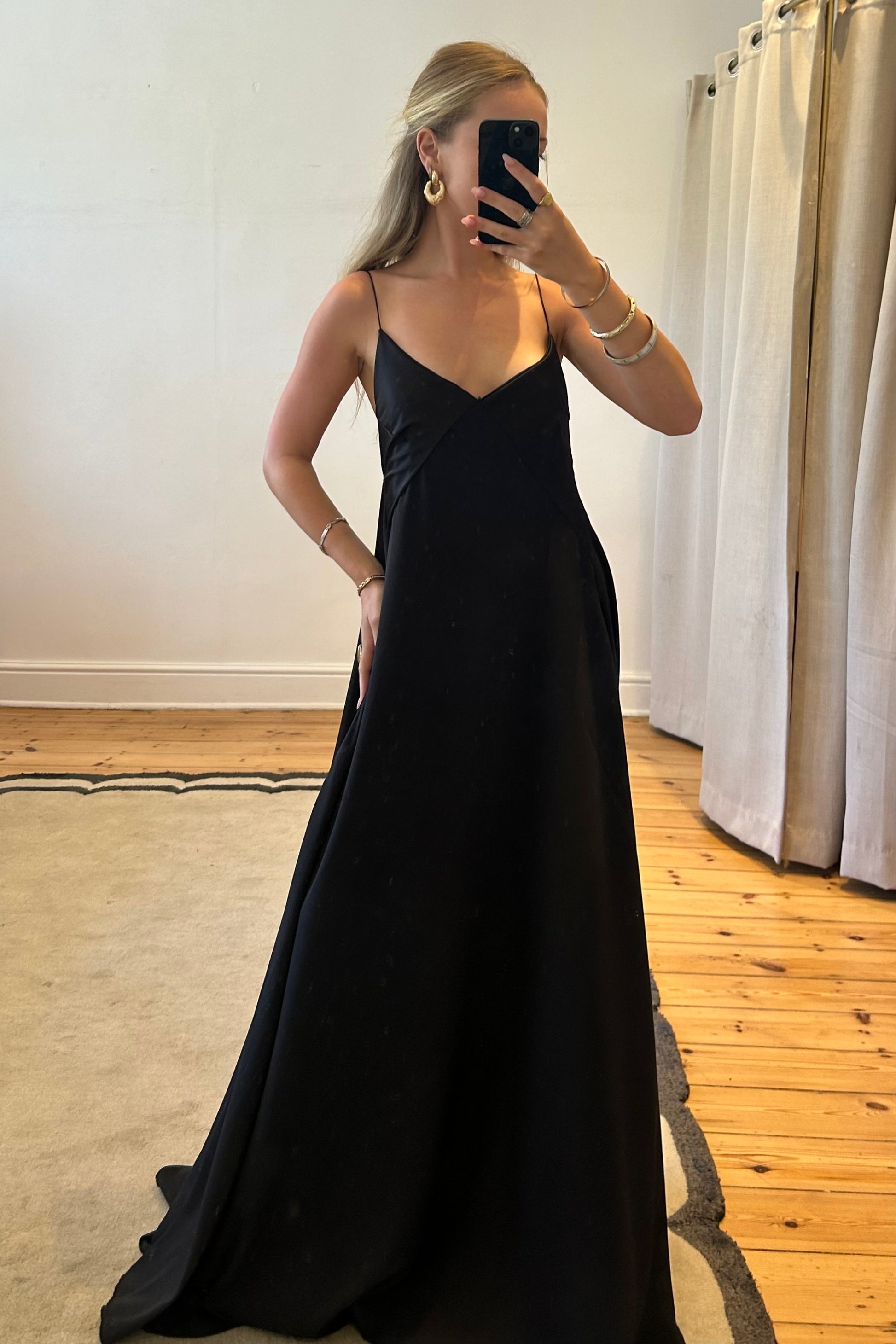 Lara Louise Designs Trapeze Black Satin Maxi Dress Hire — Size S/M