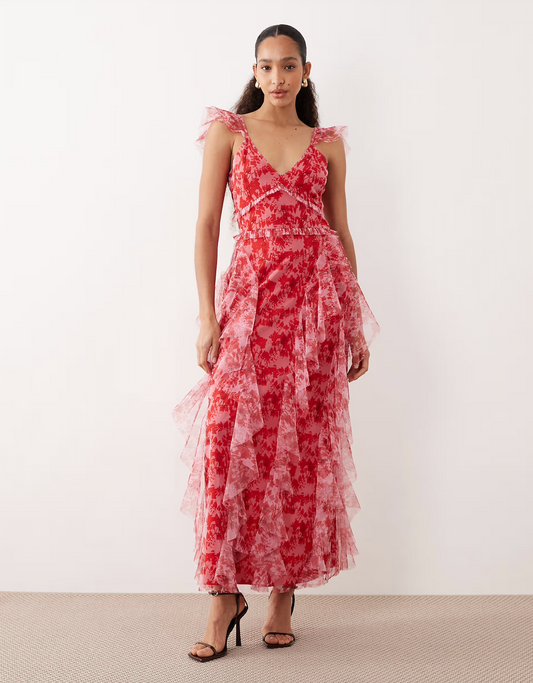 Malin Maxi Dress in Red & Pink Floral