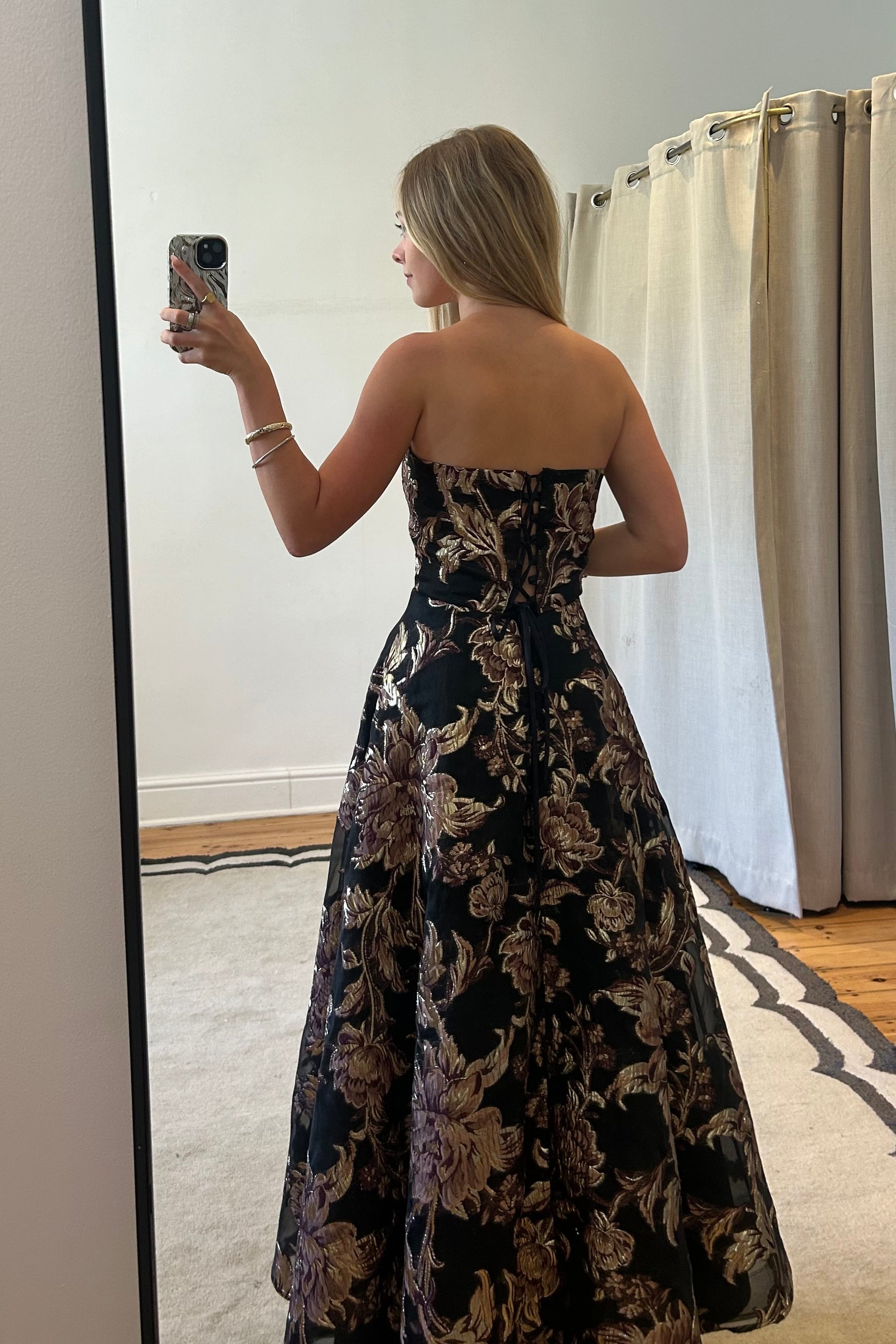 black brocade dress Strapless Long Gown catching details Women's Aerith Slit Straight Across