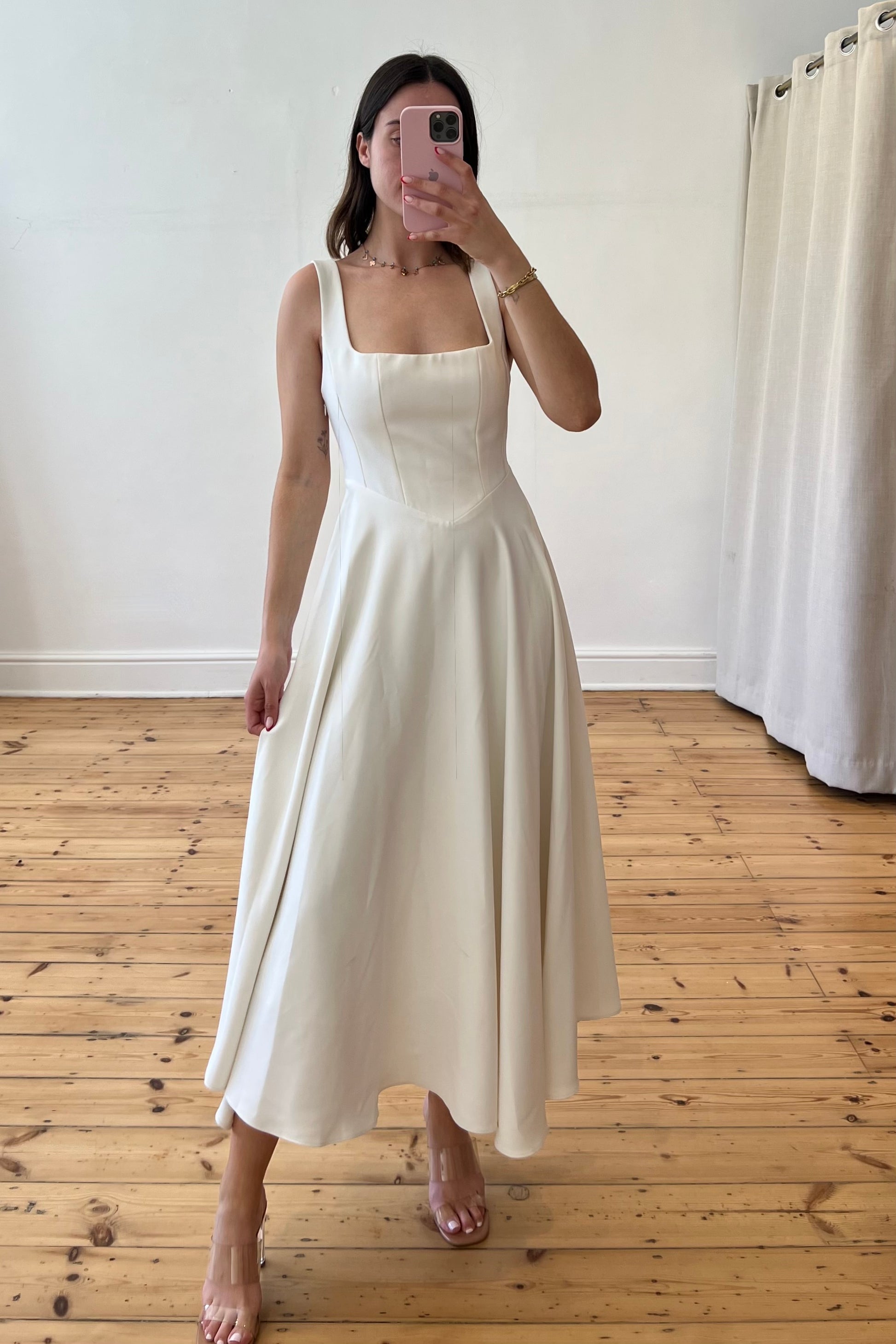 Odd Muse Square Neck Ivory Midi Dress preloved South Africa — structured square neckline, flared skirt, size small