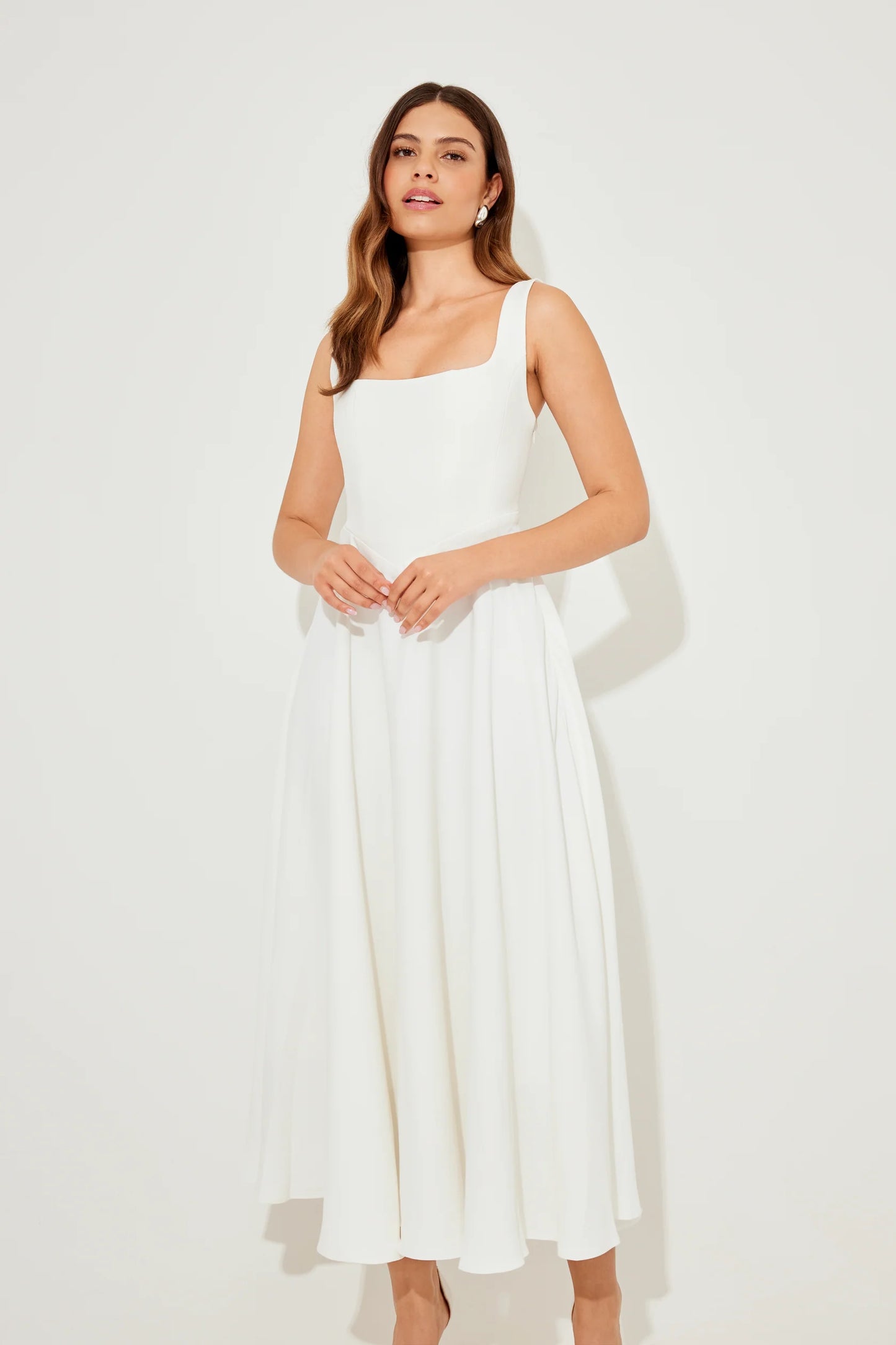 Odd Muse Square Neck Midi Dress official image — ivory sculptural tailoring, quiet luxury aesthetic