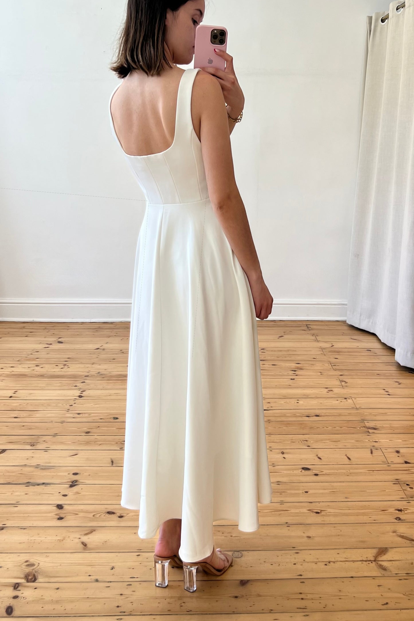 Odd Muse ivory midi dress side view — fitted waist and full flared skirt, preloved size S, Style Rotate SA