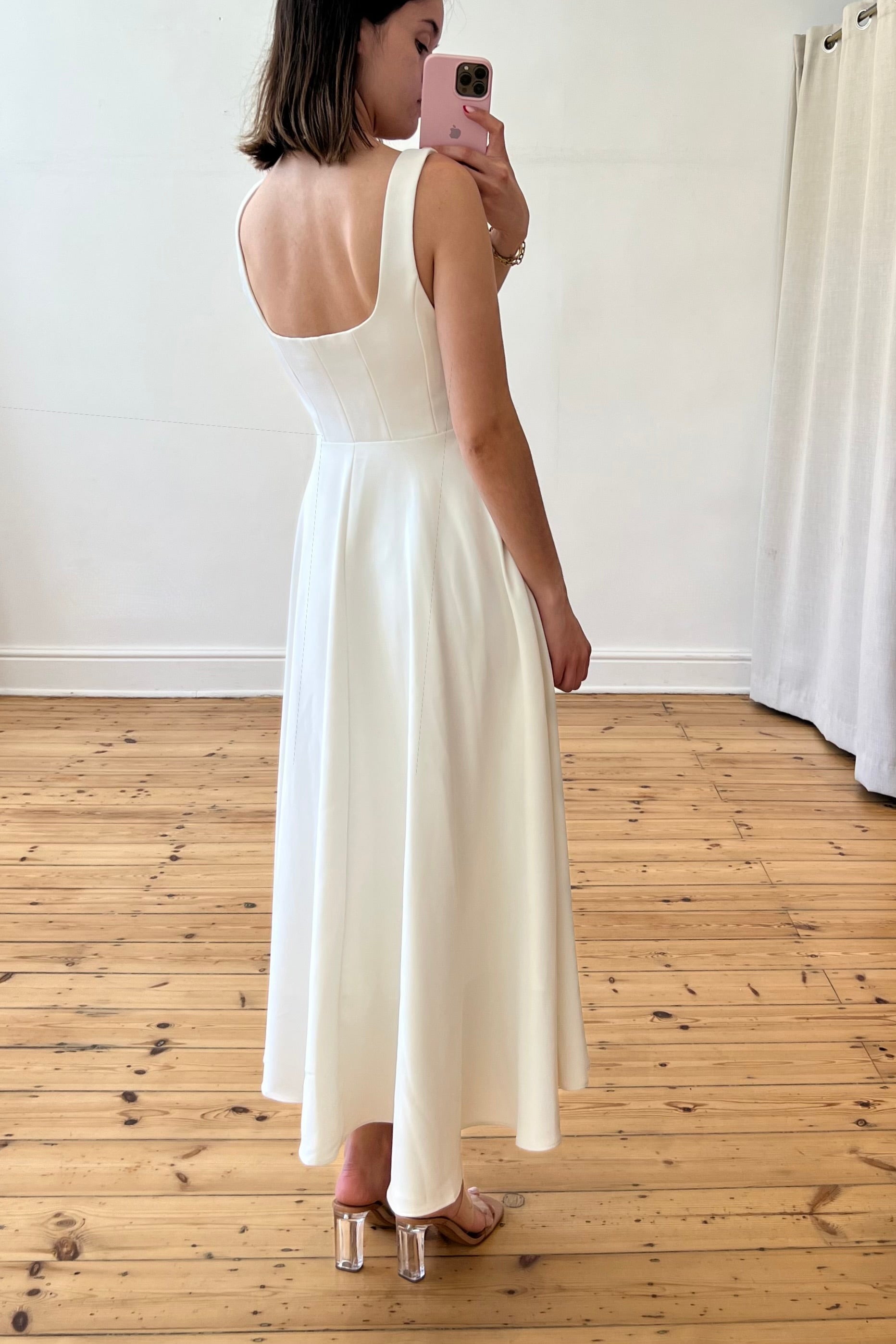 Odd Muse ivory midi dress side view — fitted waist and full flared skirt, preloved size S, Style Rotate SA