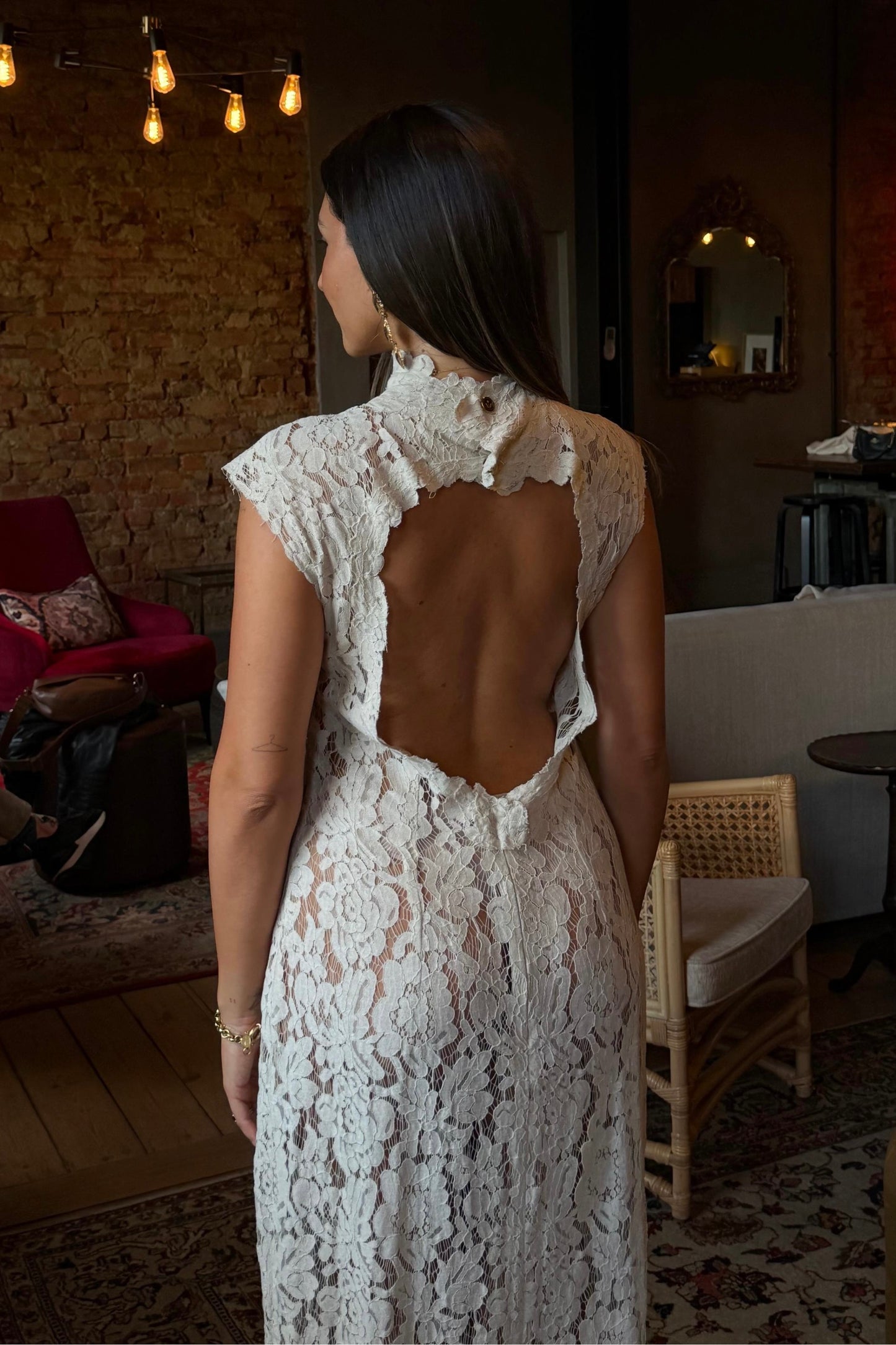 The Off White Lace Open Back Dress