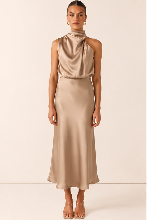 The Napoli High Neck Maxi Dress in Latte