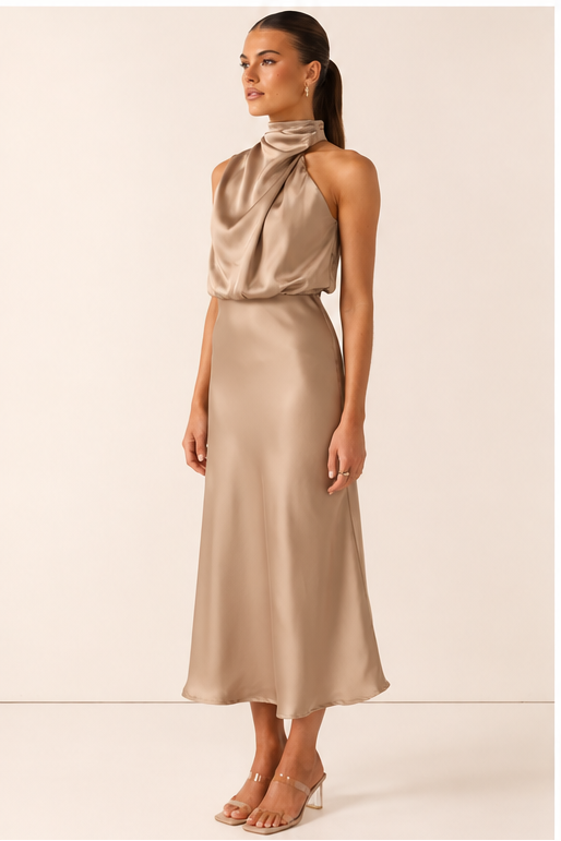 The Napoli High Neck Maxi Dress in Latte