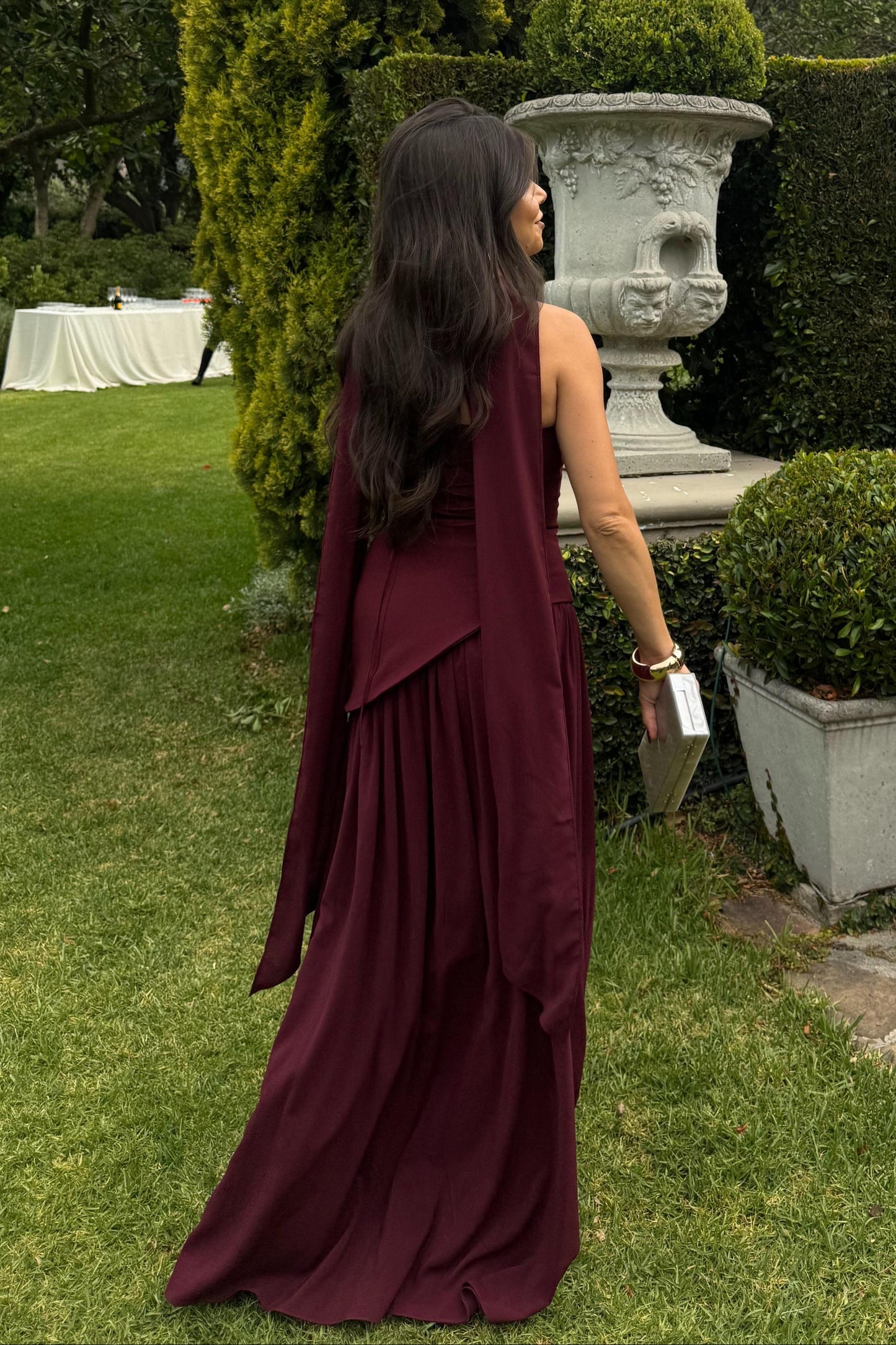 cherry dress back view showing smooth and elegant silhouette