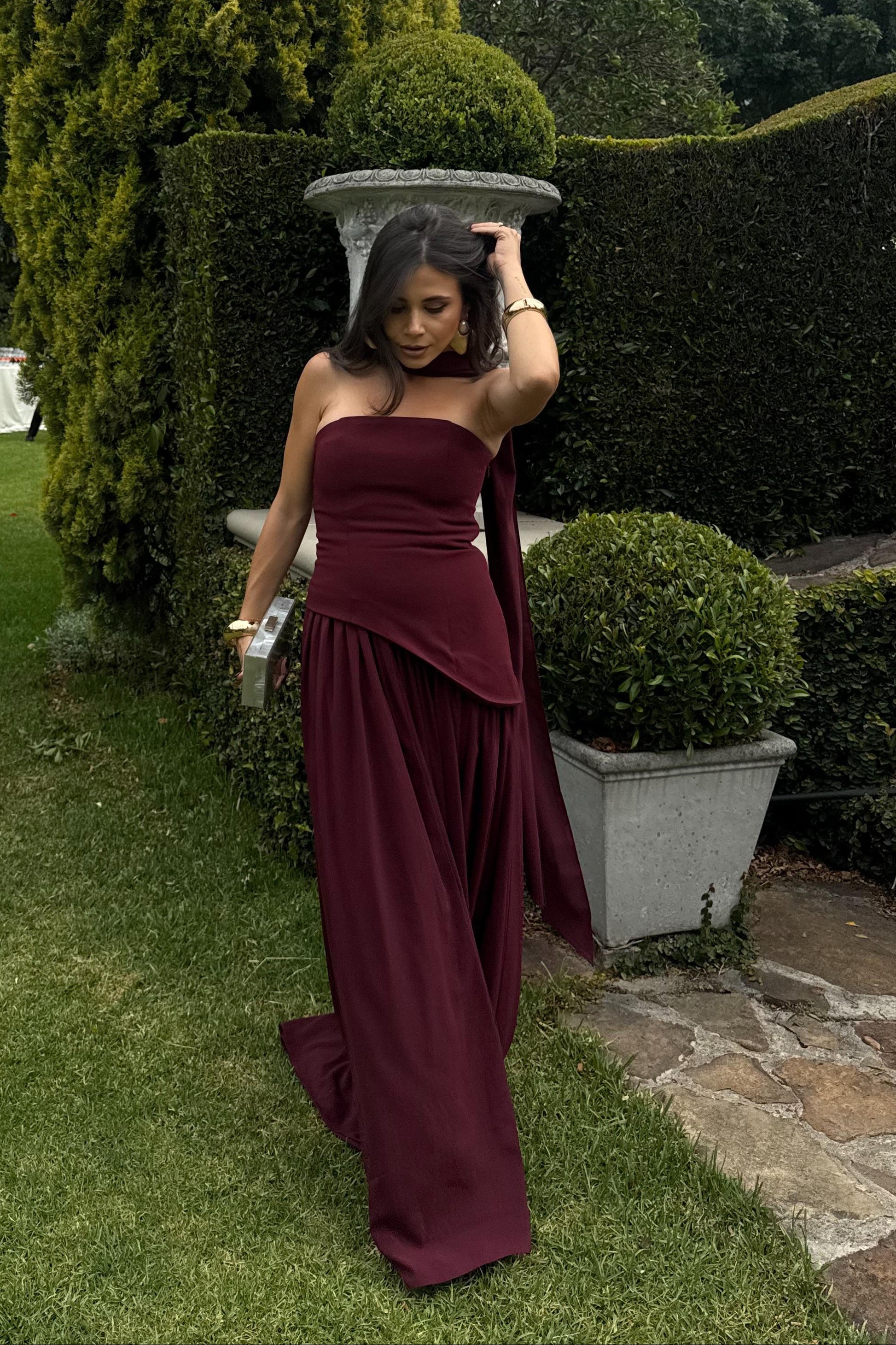 evening dress rental cherry dress with strapless neckline detail