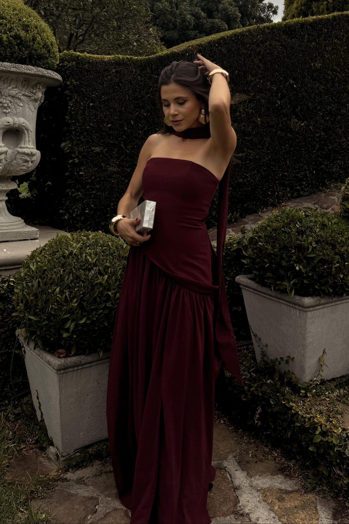 ladies long dress full-length front pose with fitted bodice