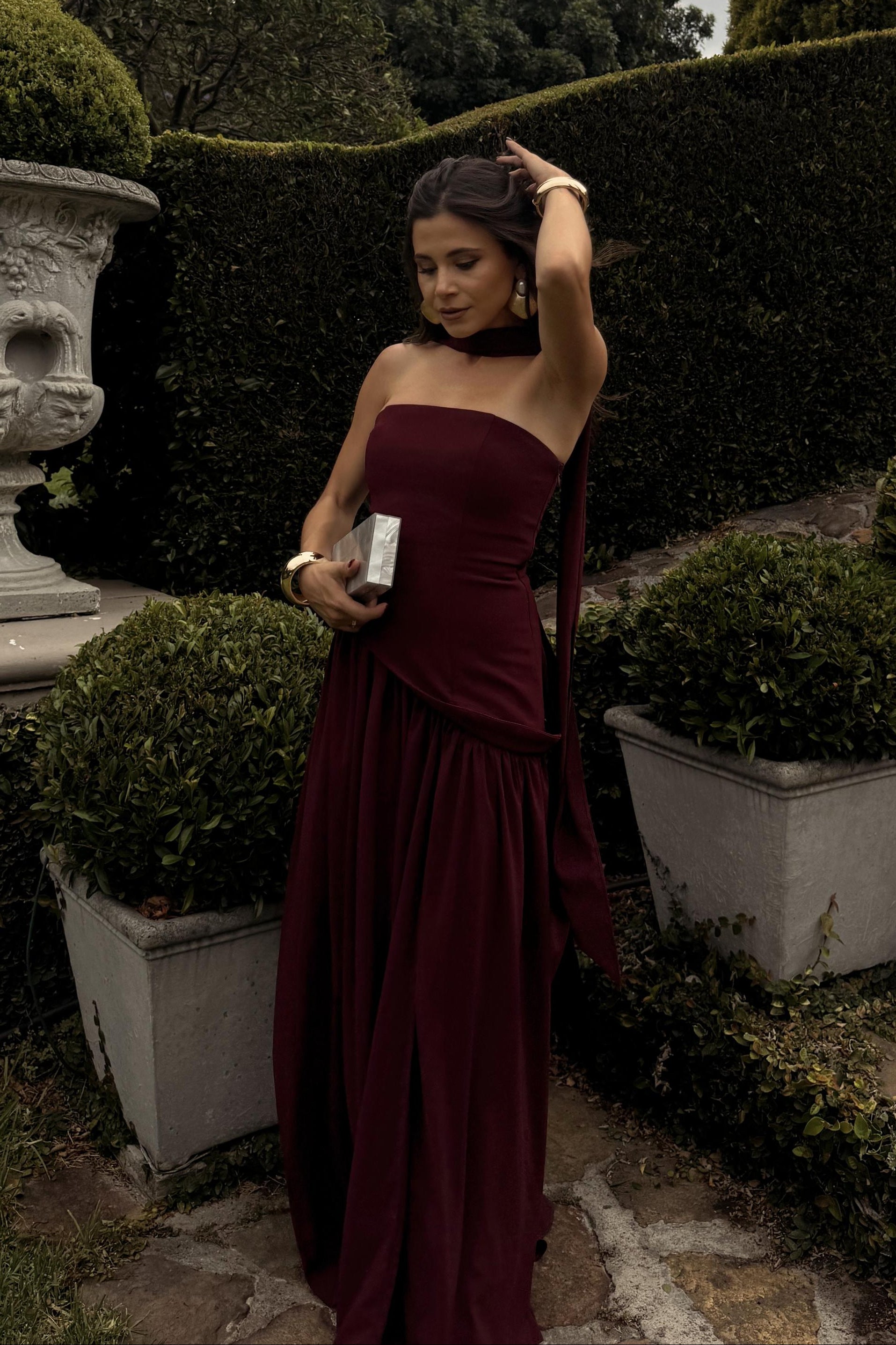 ladies long dress full-length front pose with fitted bodice
