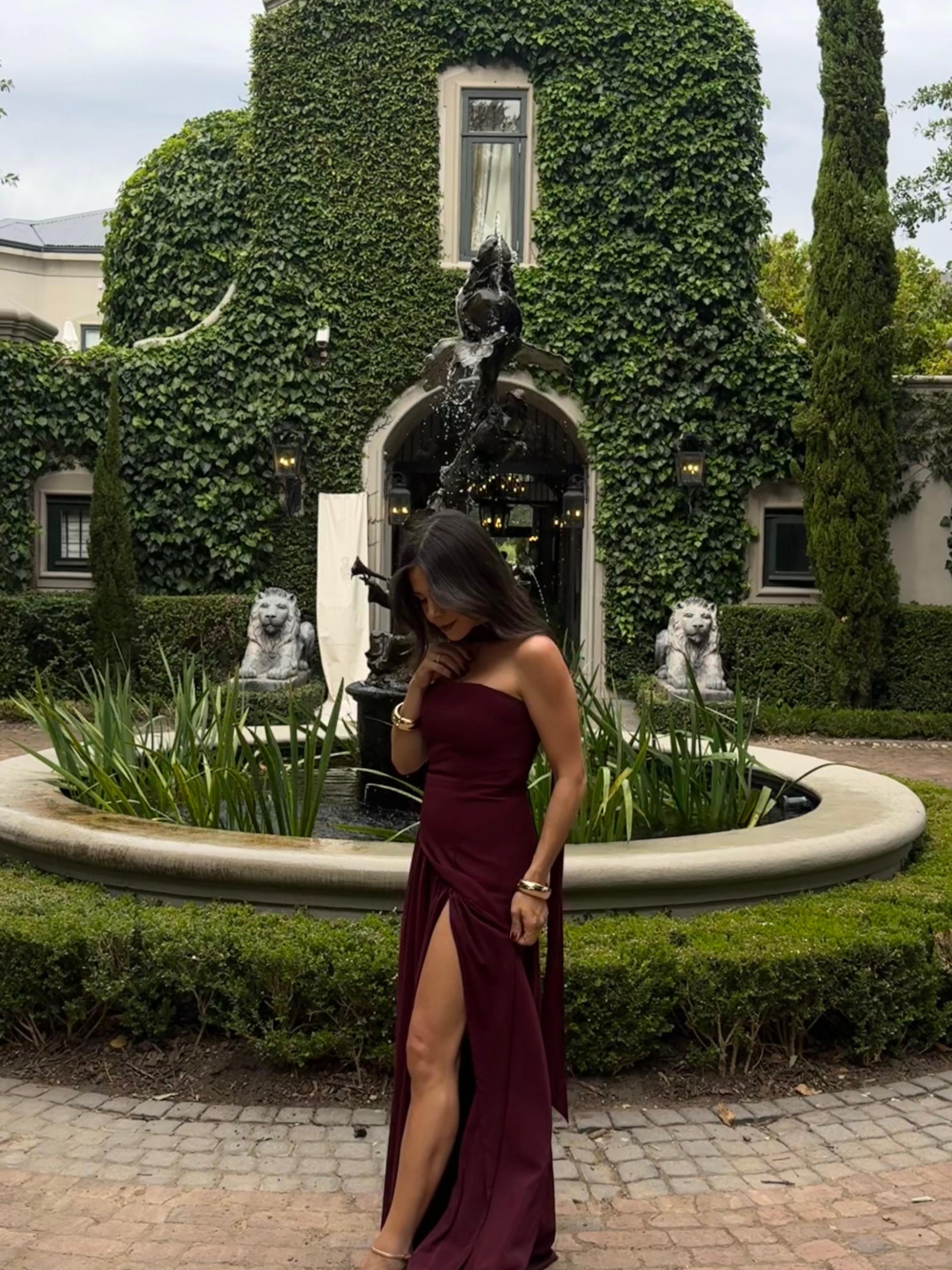 ladies formal dress front view showing elegant high slit detail