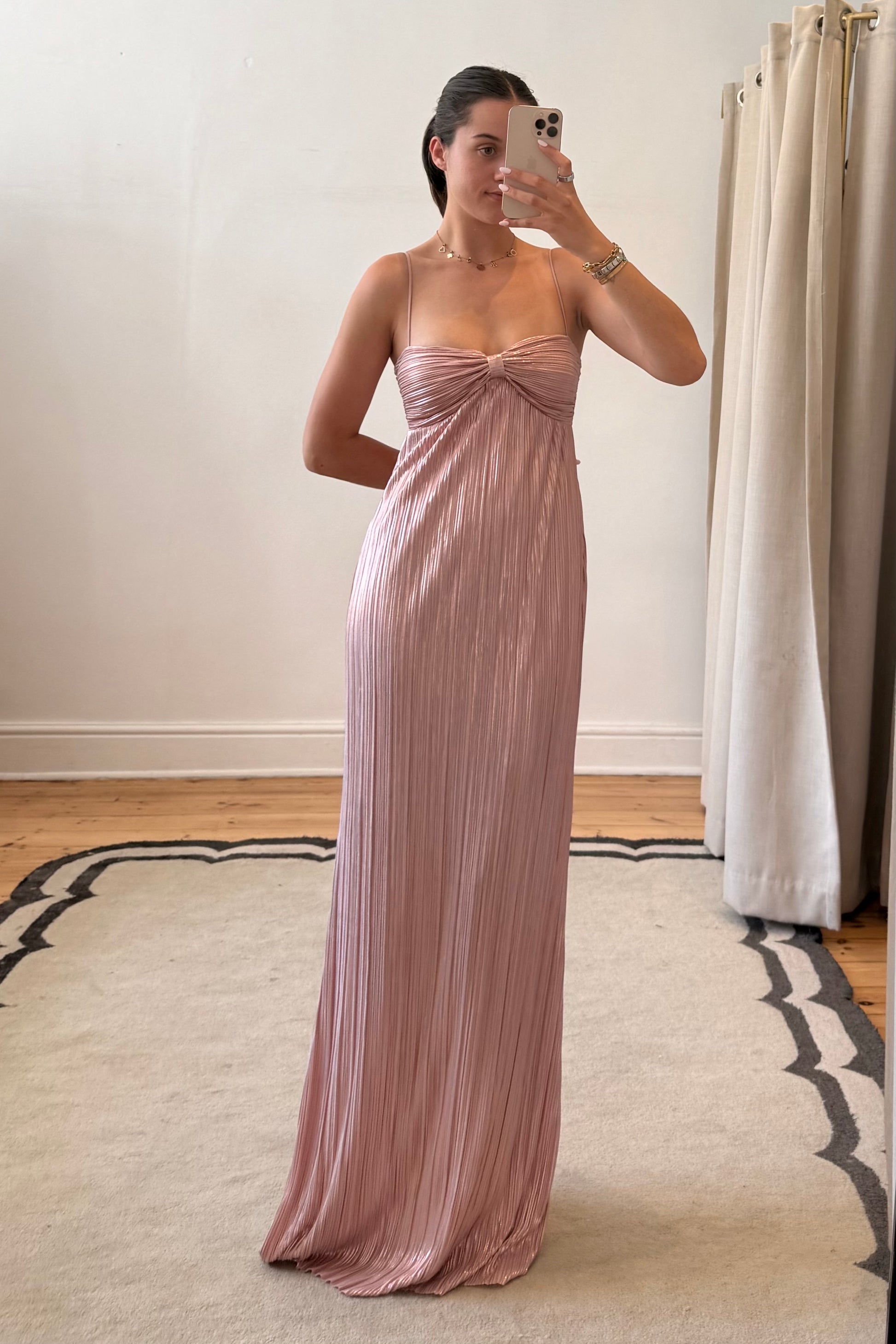 pink dress front view showing elegant full-length design