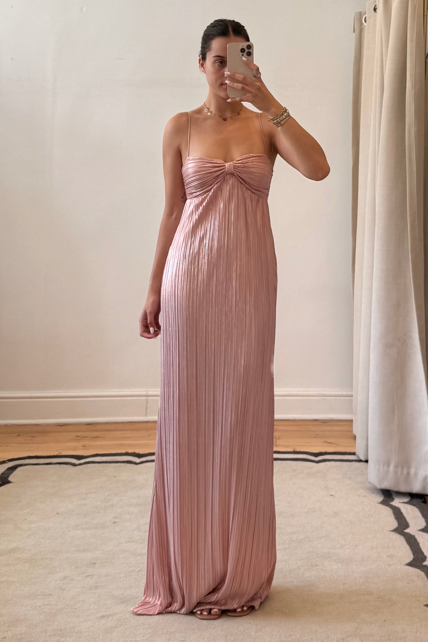 light pink dress side angle highlighting slim fit and length