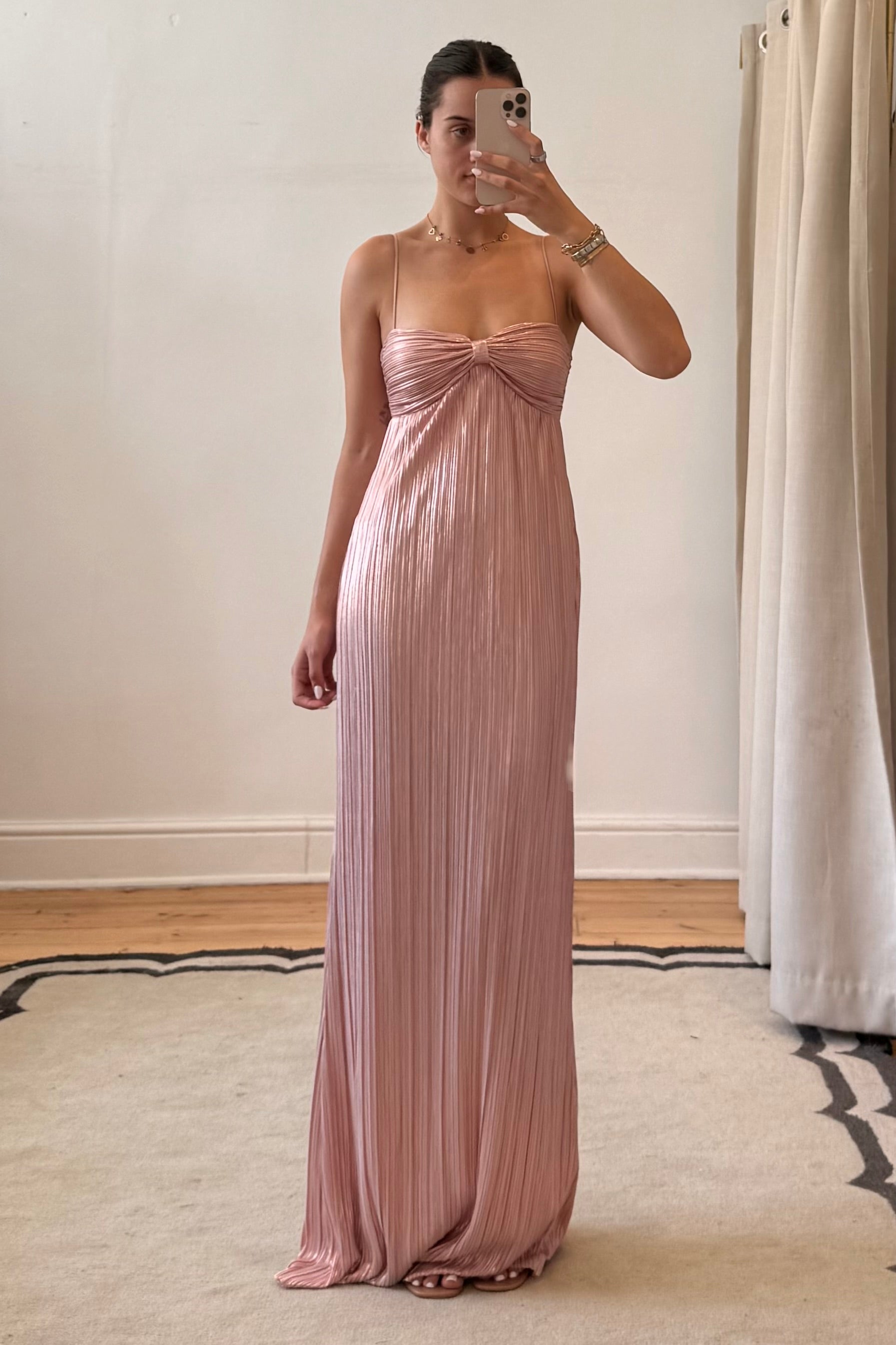 light pink dress side angle highlighting slim fit and length
