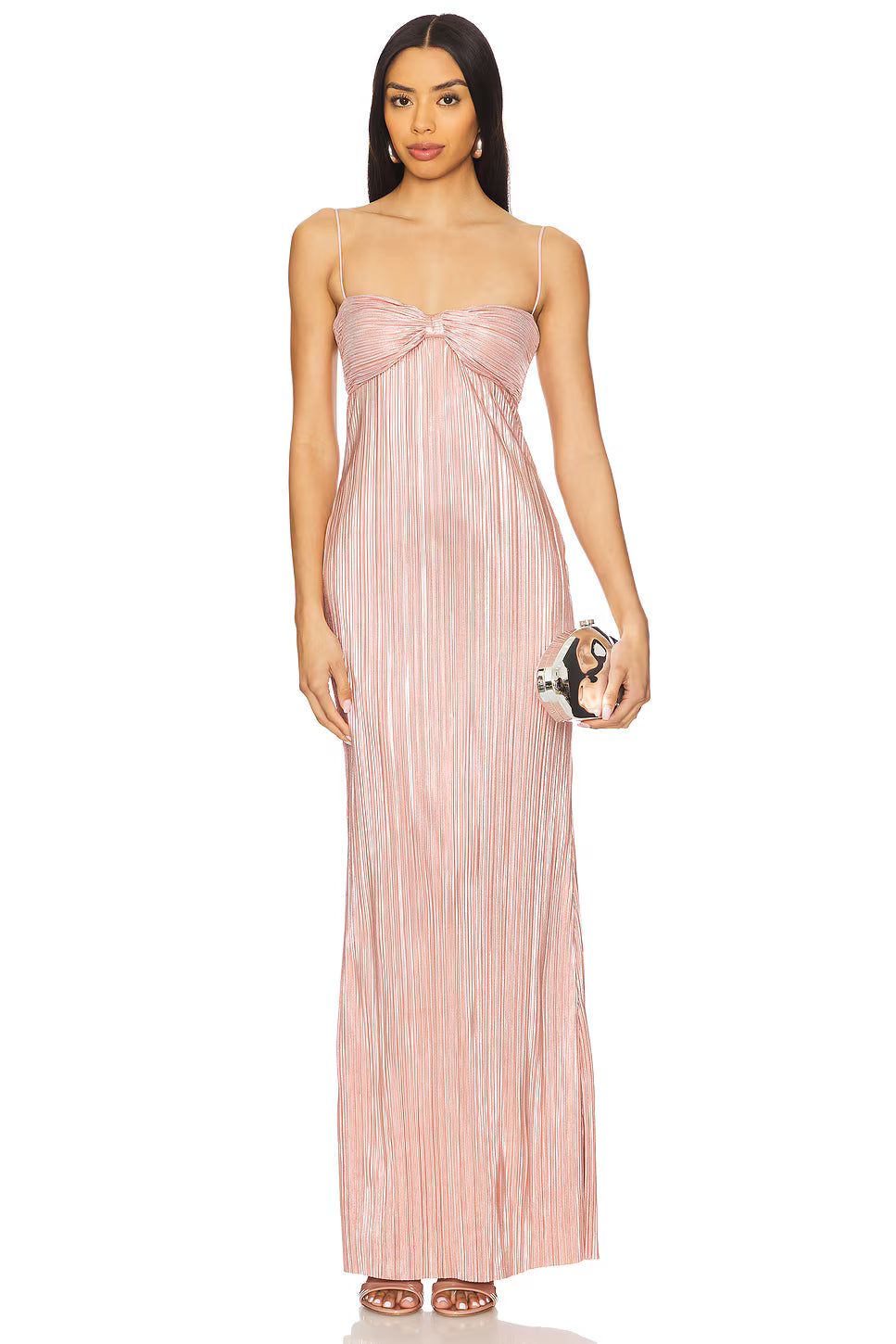 ladies pink dress studio shot with minimal background