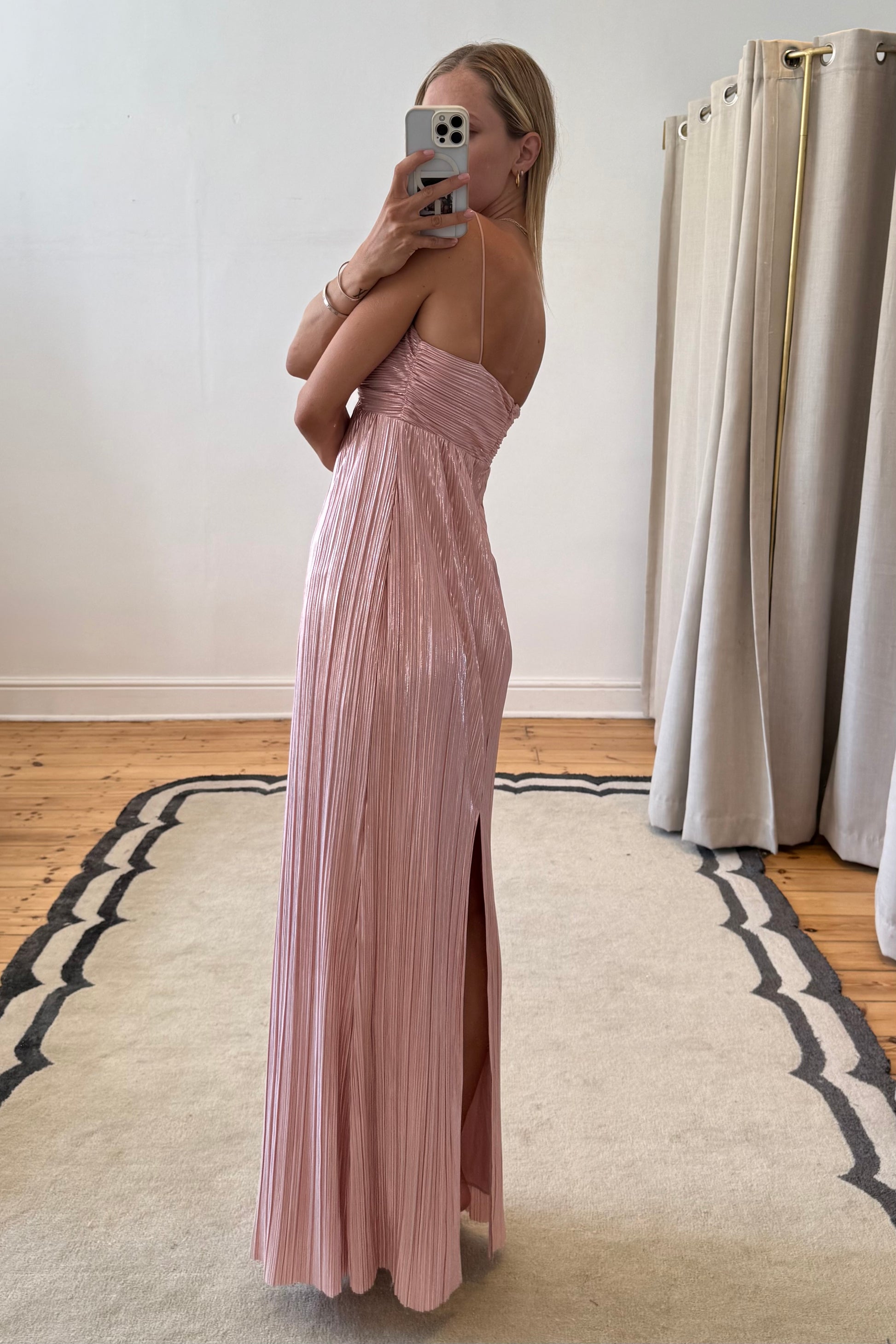 light pink dress worn by model in natural lighting