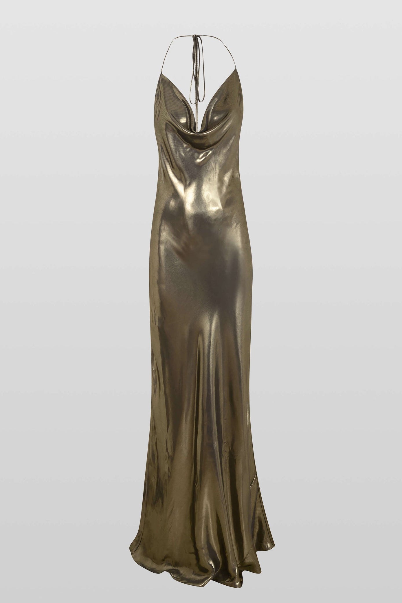Gold evening gown on a light gray background