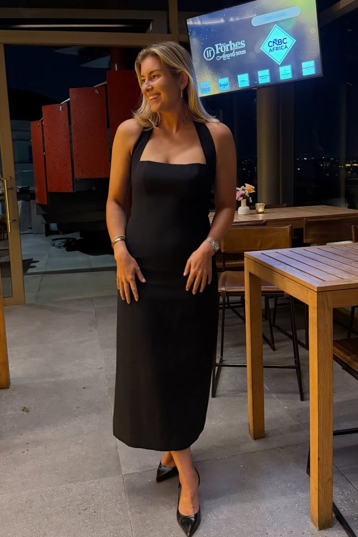 The Ultimate Muse Halter Neck Midi Dress in Dark Midnight