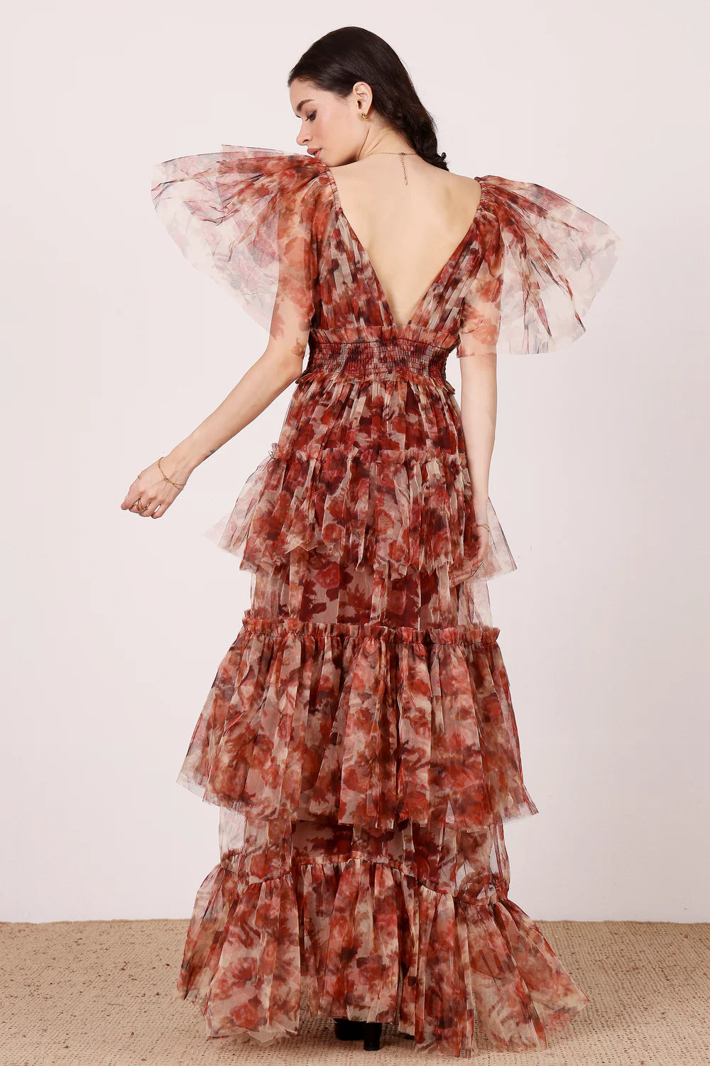 Jasmine Stiff Tulle Maxi Dress in Rose Floral