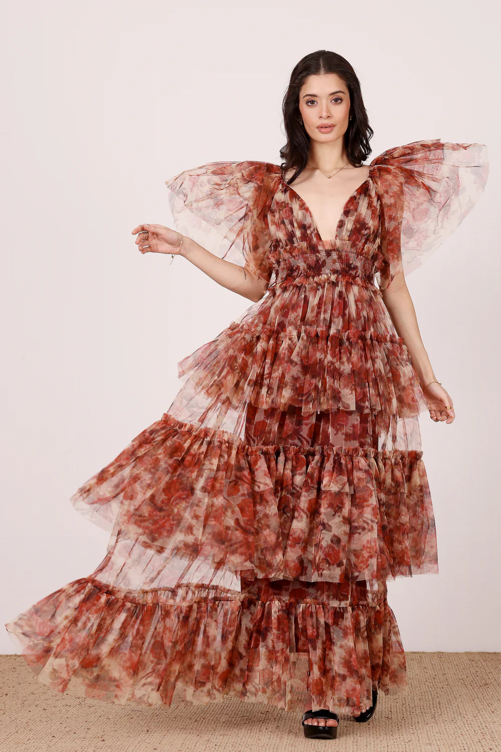 Jasmine Stiff Tulle Maxi Dress in Rose Floral