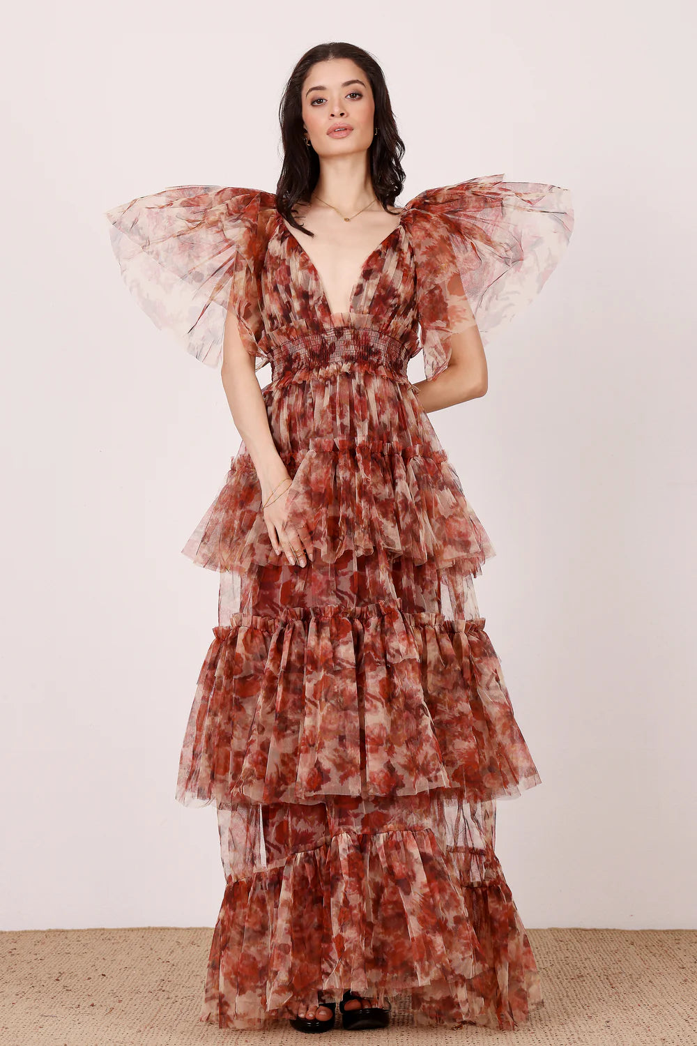 Jasmine Stiff Tulle Maxi Dress in Rose Floral