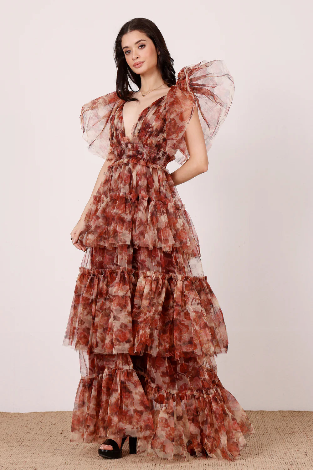 Jasmine Stiff Tulle Maxi Dress in Rose Floral