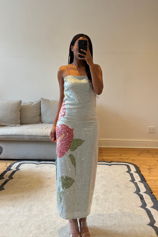 The Anthurium Printed Embellished Slip Dress