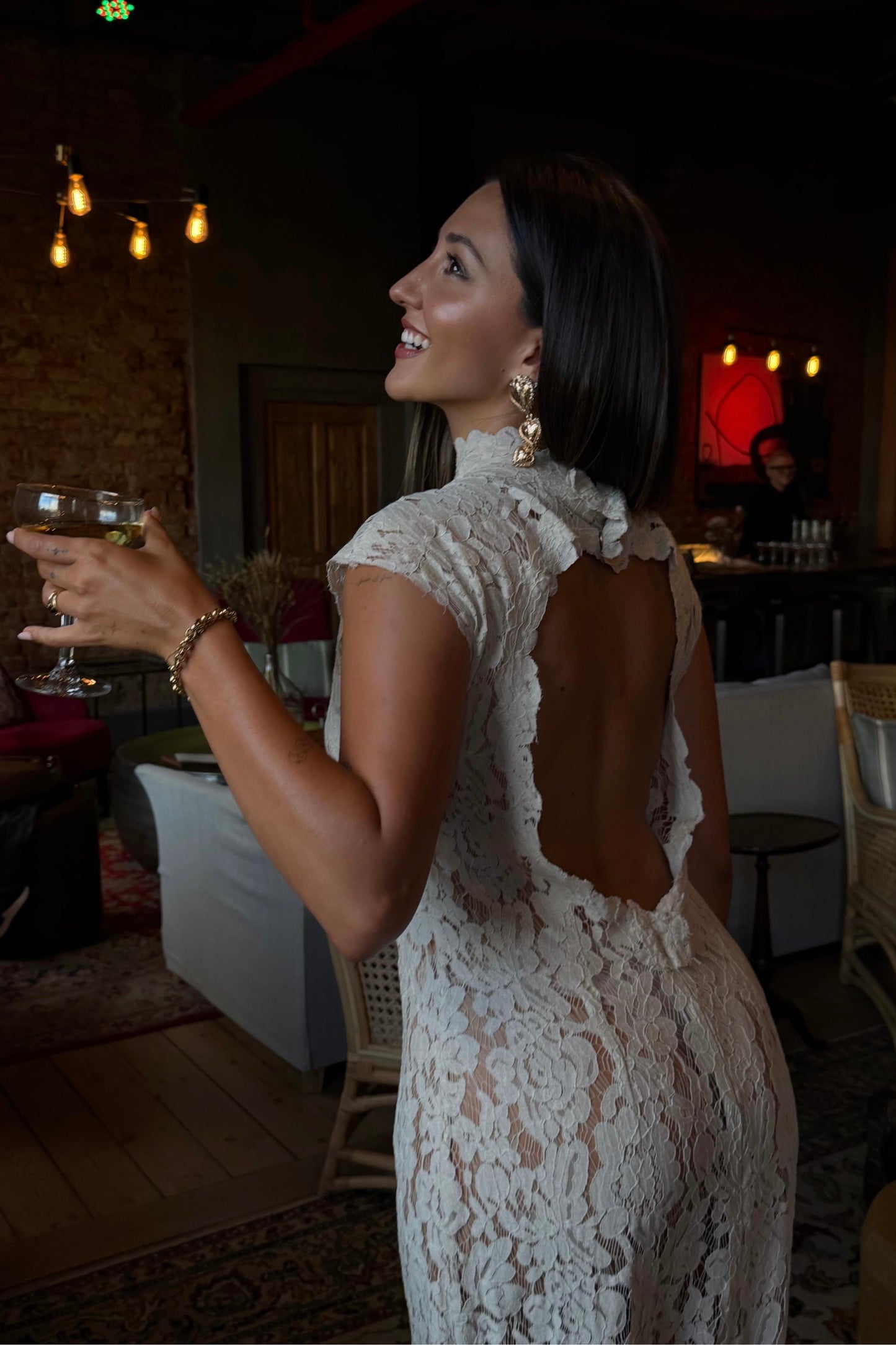 The Off White Lace Open Back Dress