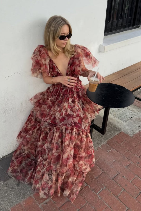 Jasmine Stiff Tulle Maxi Dress in Rose Floral