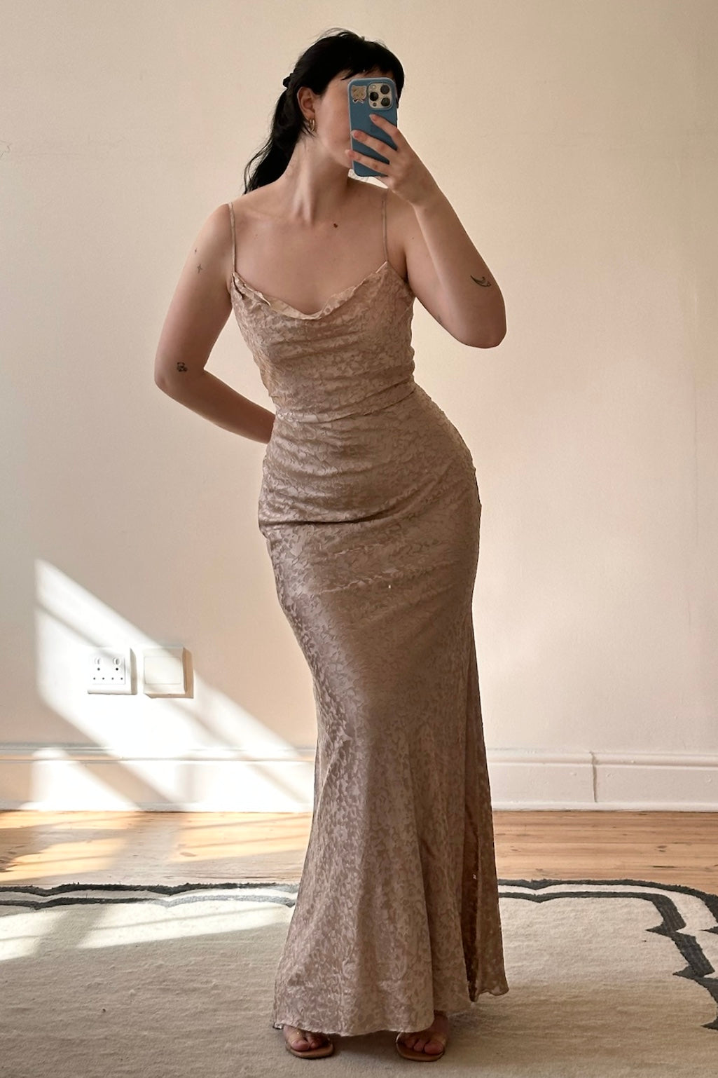 Beige stone devoré Jenny Yoo floor-length gown, pre-loved and available for resale as elegant sustainable occasionwear.