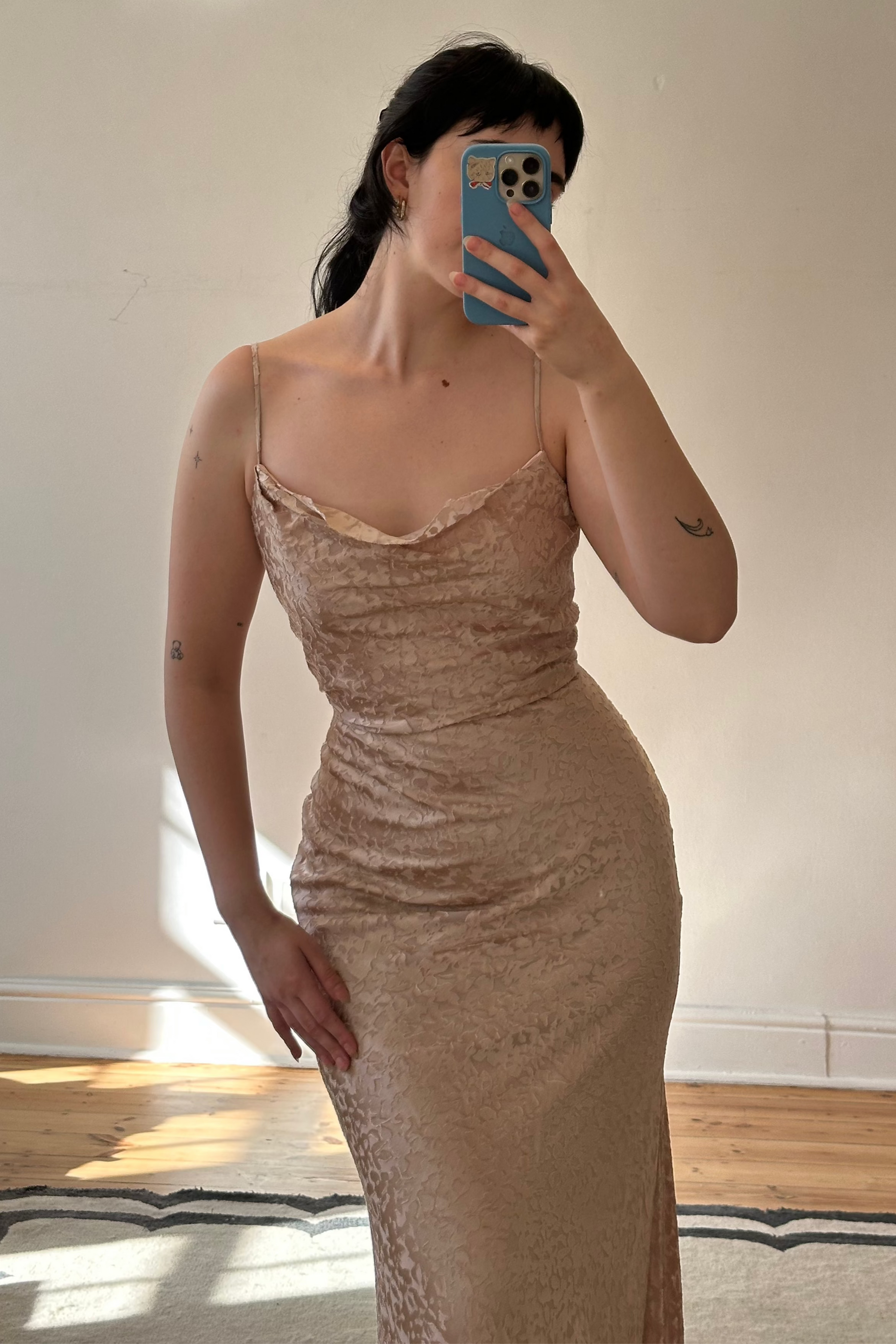 Beige stone devoré Jenny Yoo floor-length gown, pre-loved and available for resale as elegant sustainable occasionwear.