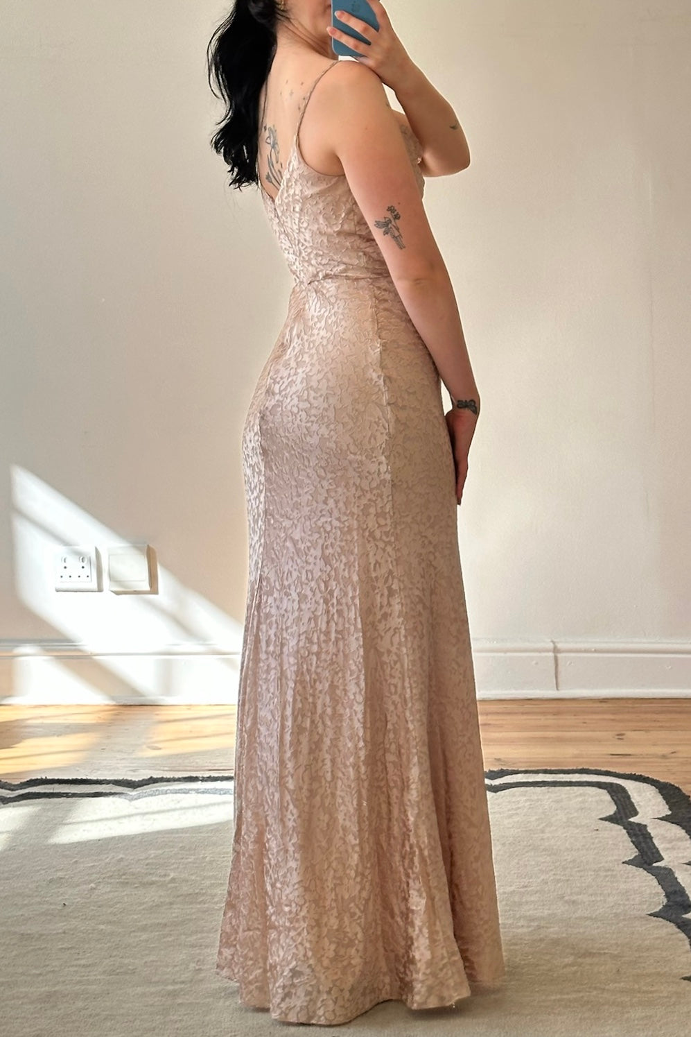 Beige stone devoré Jenny Yoo floor-length gown, pre-loved and available for resale as elegant sustainable occasionwear.