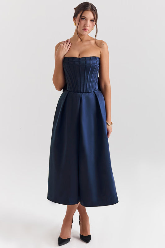 The Bellina Strapless Bow Midi Dress in Midnight Blue