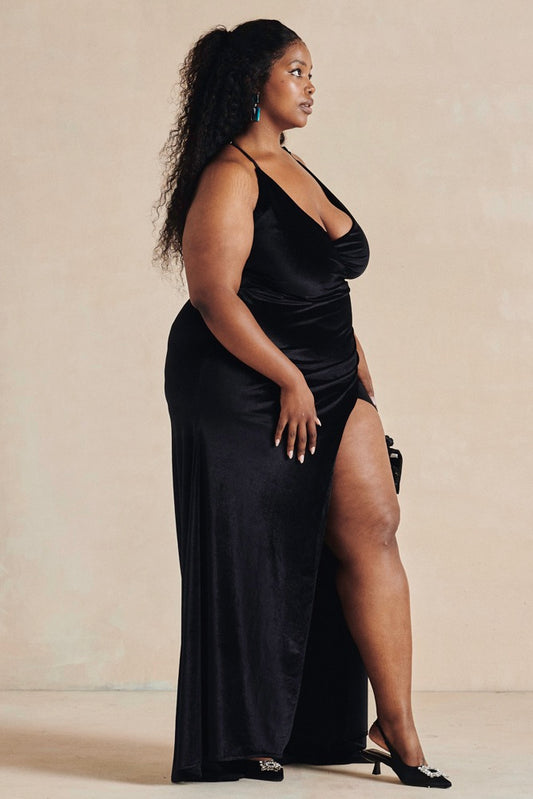 Side view of black velvet dress
