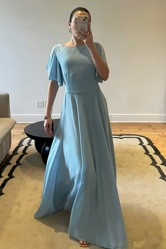 Blue chiffon gown with flutter sleeves and a flowing silhouette, available for resale as elegant pre-loved occasionwear.